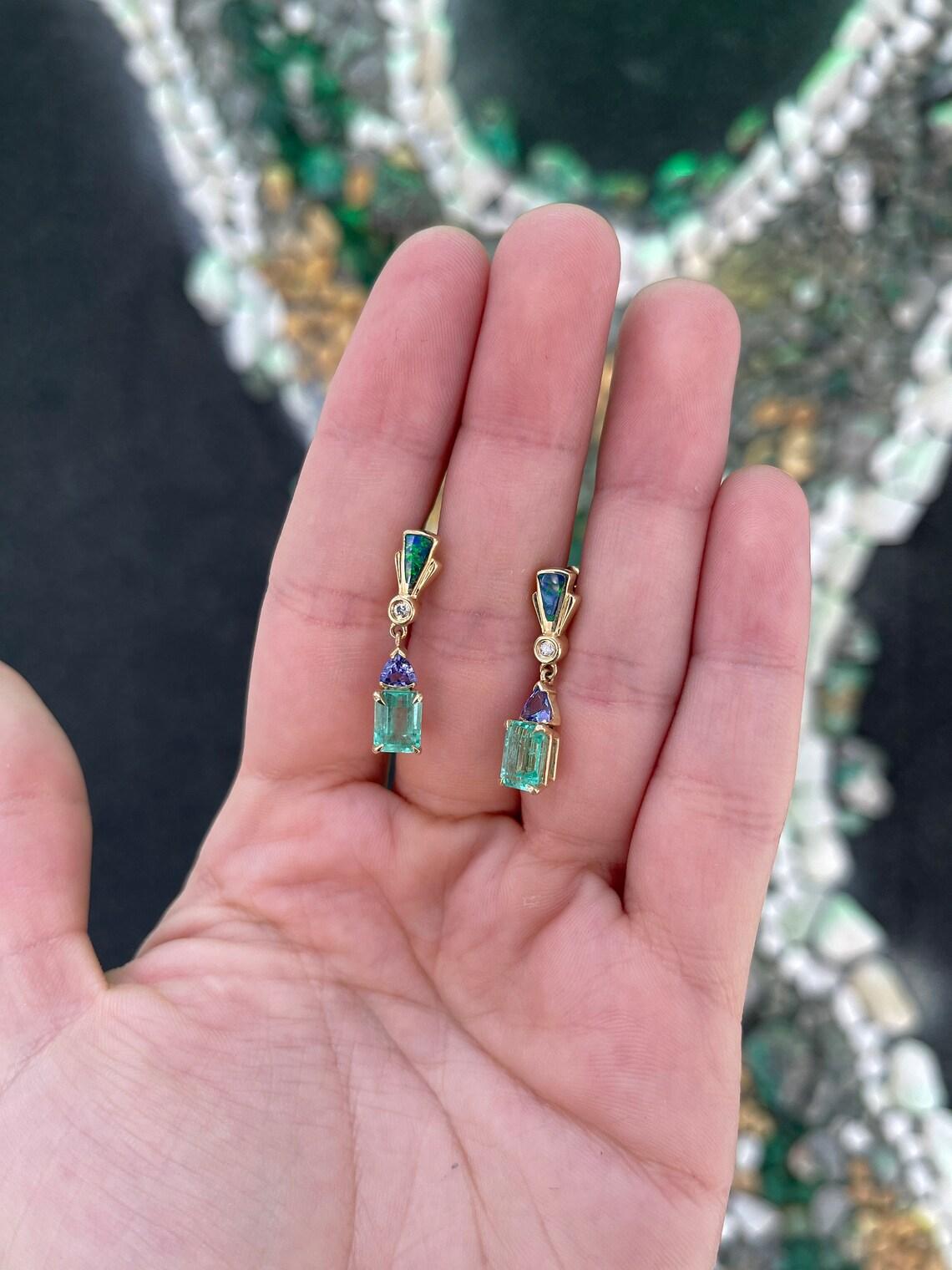 Taille émeraude 3.66tcw 14K Emerald Tanzanite, Diamond & Opal Dangle Ears Colombian Emerald en vente