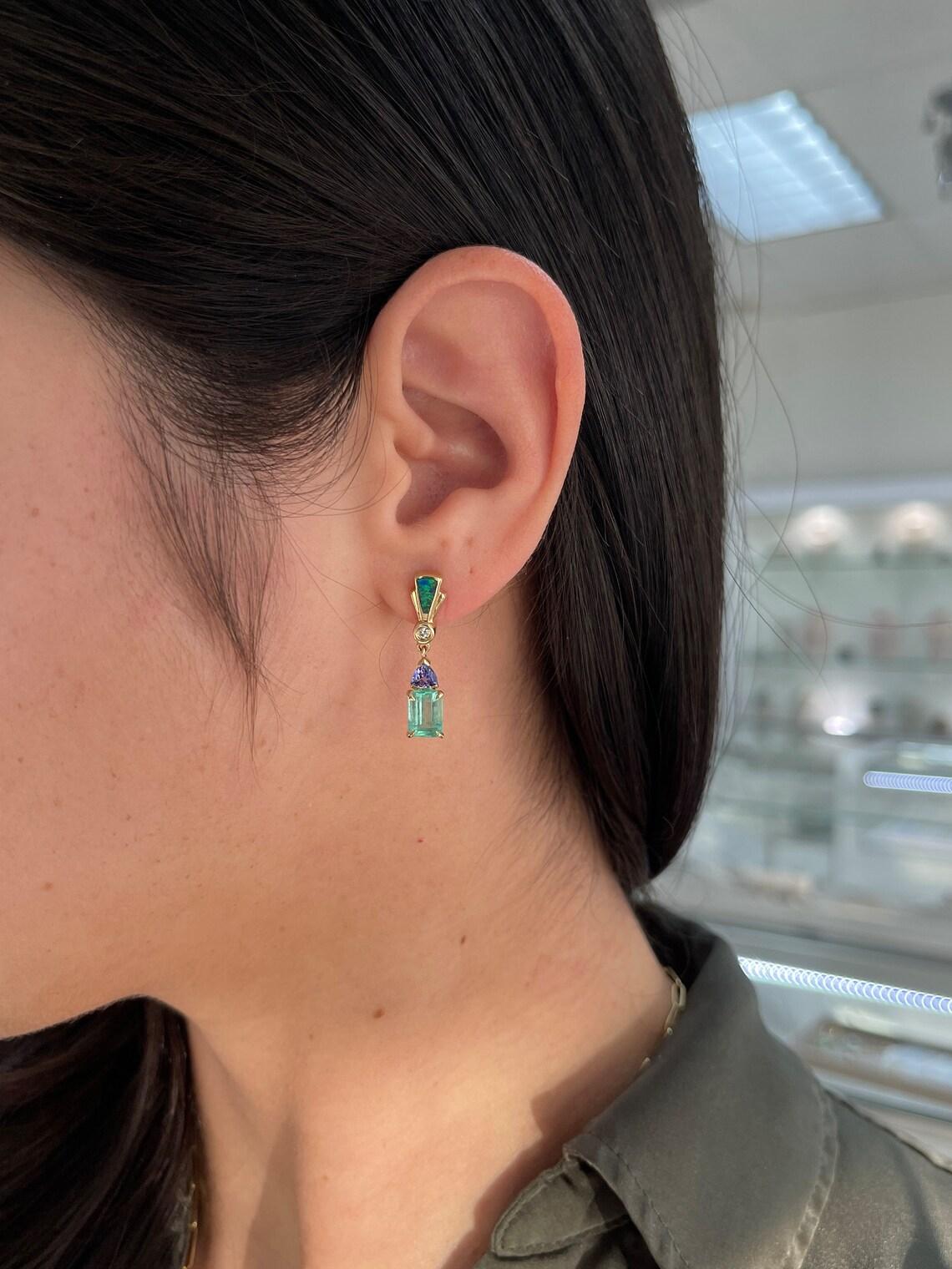 3.66tcw 14K Emerald Tanzanite, Diamond & Opal Dangle Ears Colombian Emerald Neuf - En vente à Jupiter, FL