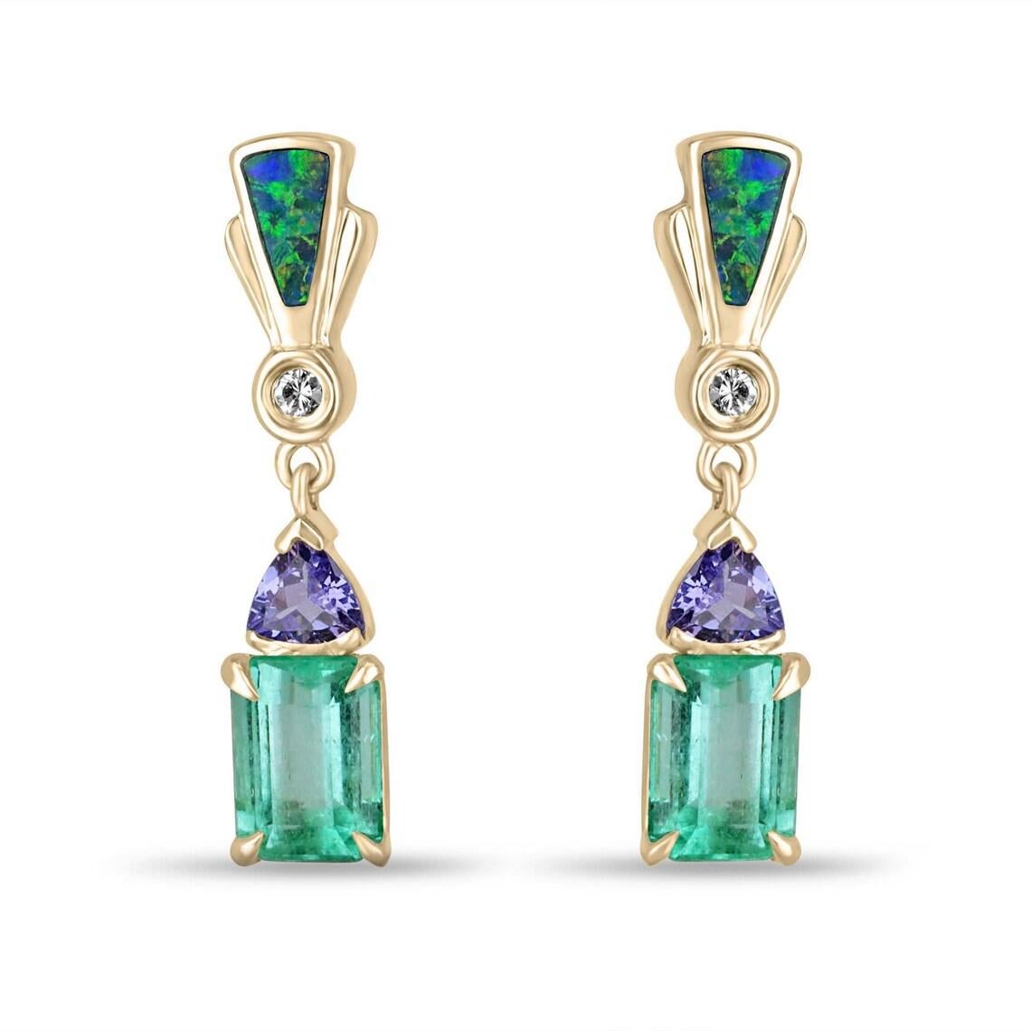 3.66tcw 14K Emerald Tanzanite, Diamond & Opal Dangle Earrings Colombian Emerald
