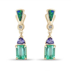 3.66tcw 14K Emerald Tanzanite, Diamond & Opal Dangle Earrings Colombian Emerald
