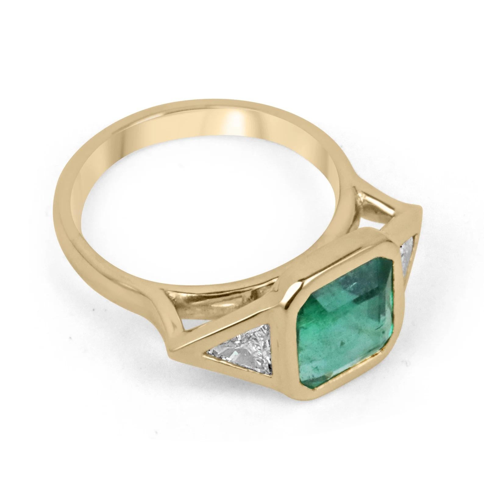 Featured here is a gorgeous HIGH quality emerald and diamond three-stone ring. The center stone is a stunning 3.26-carat, natural emerald-Asscher cut. This gemstone displays medium vivid rare green color and very good eye clarity. We designed this