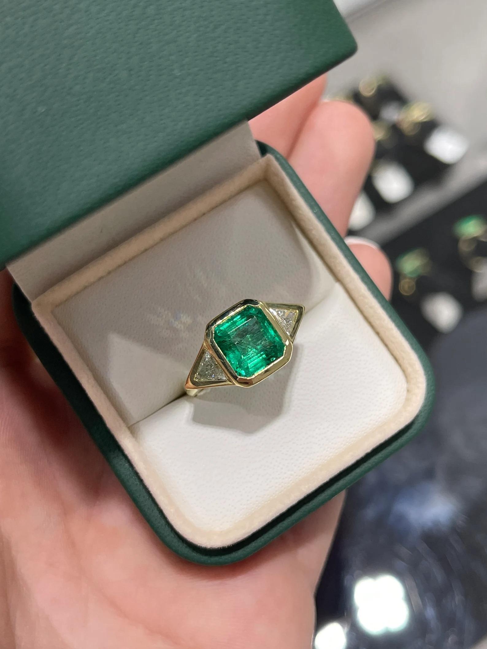 3.66tcw High Quality Three Stone Emerald & Trillion Diamond Bezel Set Ring 18K For Sale 2