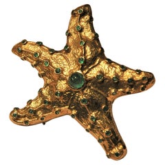 3.67 Cabochon Emeralds, Yellow Gold Brooch, Starfish Shape