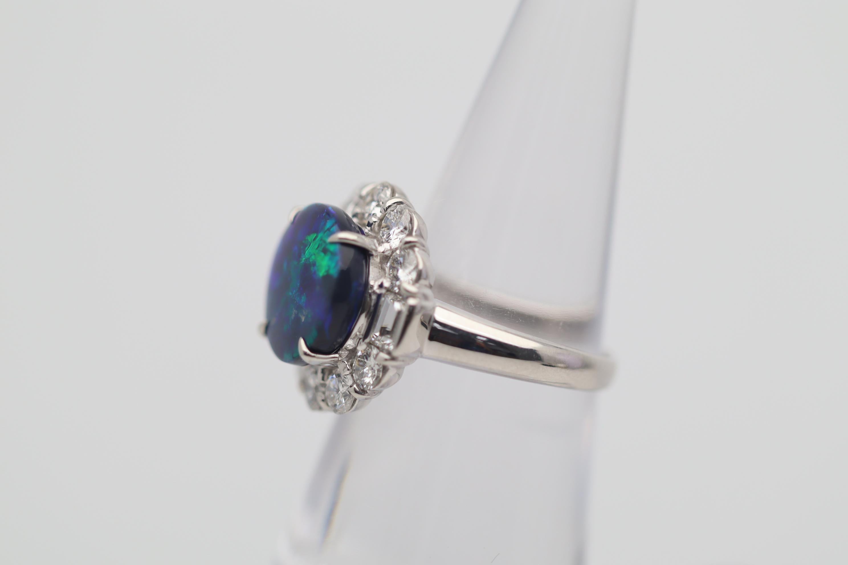 Women's 3.67 Carat Australian Black Opal Diamond Platinum Ring For Sale