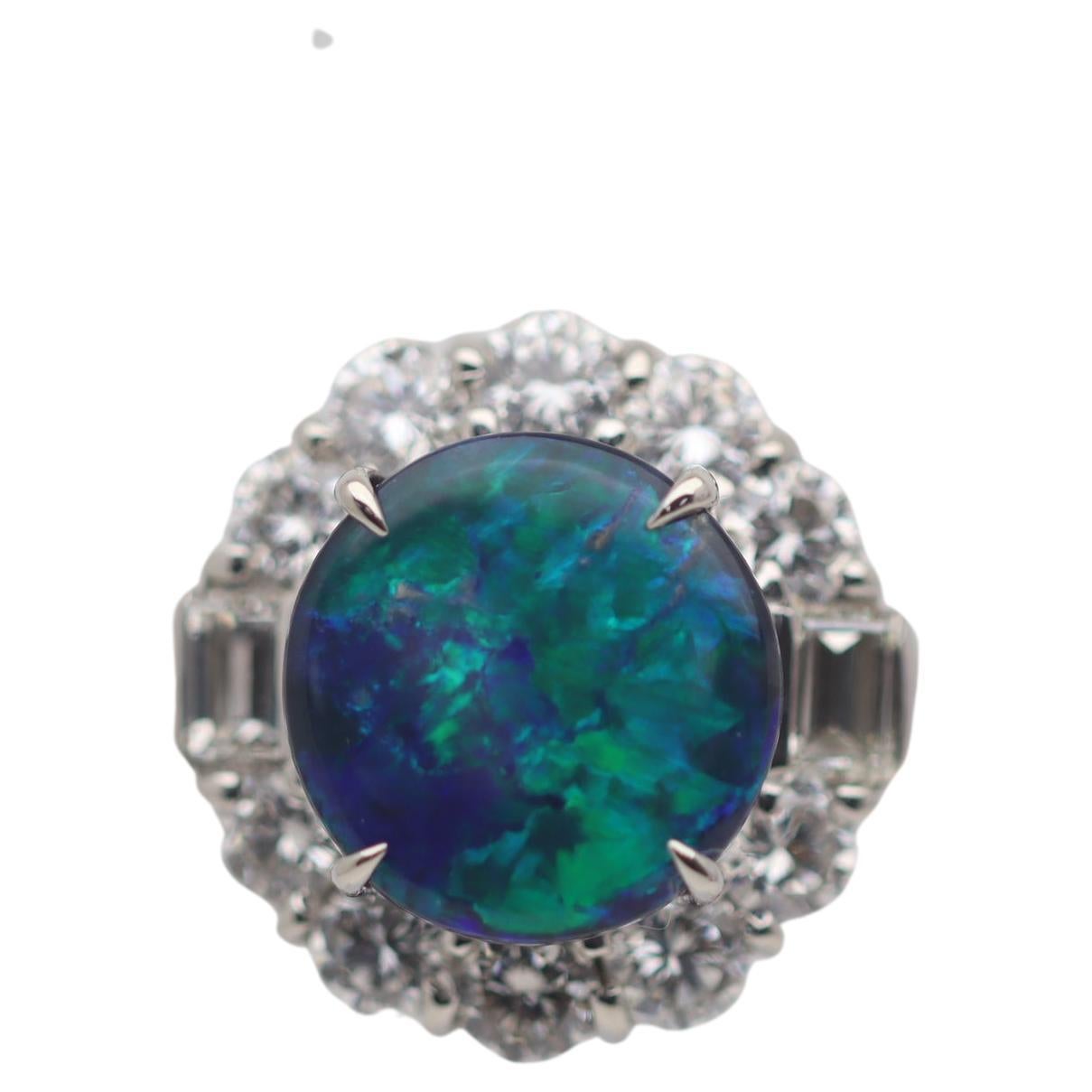 3.67 Carat Australian Black Opal Diamond Platinum Ring For Sale