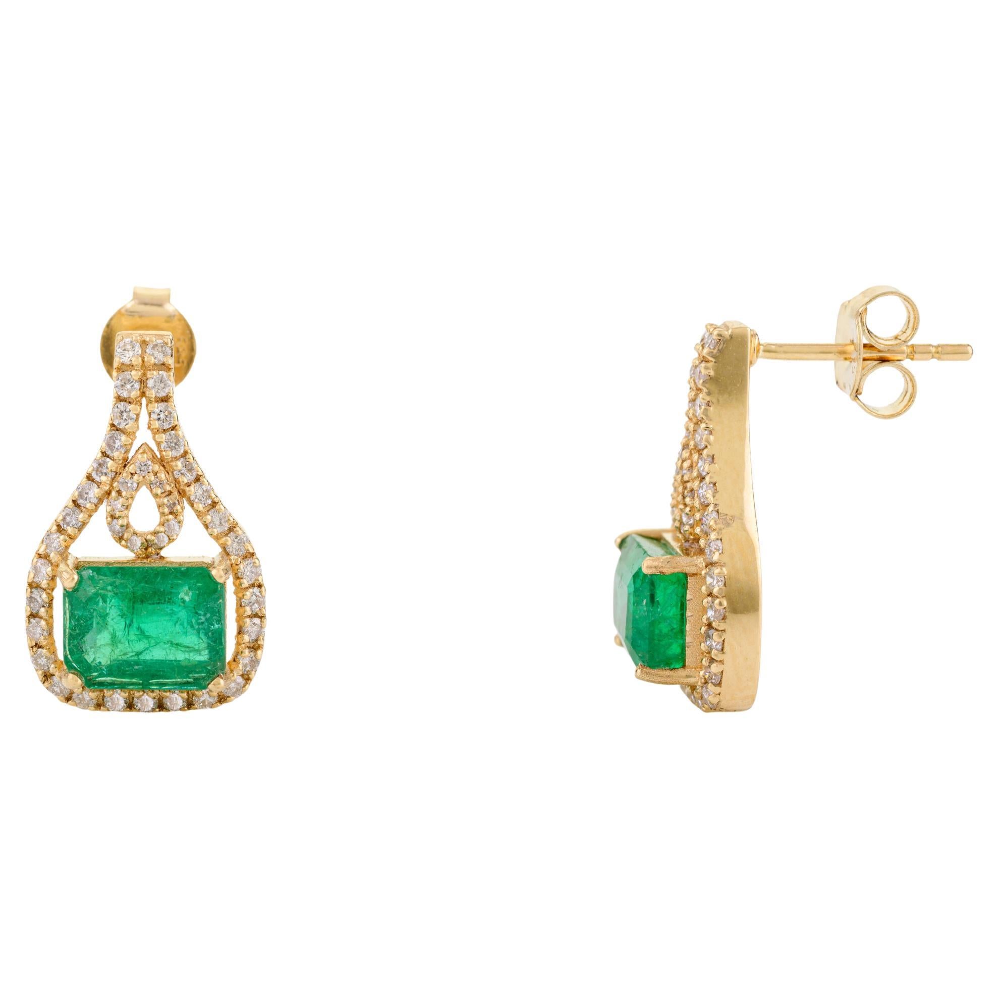 3.67 Carat Emerald Diamond Stud Earrings for Women in 18k Solid Yellow Gold
