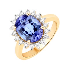 3.67 Carat Genuine Tanzanite and White Diamond 14 Karat Yellow Gold Ring