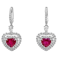  3.67 Carat Heart Shape Ruby & Diamond Dangle Halo Earrings