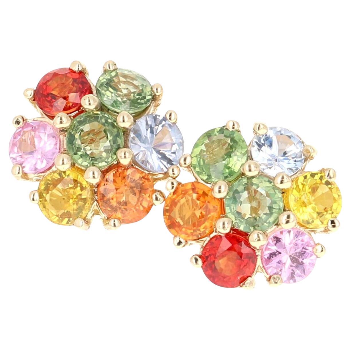 3.67 Carat Natural Multicolor Sapphire 14 Karat Yellow Gold Stud Earrings