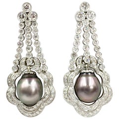 3.67 Carat of Diamonds and Tahitian Pearls Platinum Chandelier Earrings