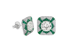 3.67 Carat Old European Cut Diamond with Emerald Stud Earrings in Art-Deco Style
