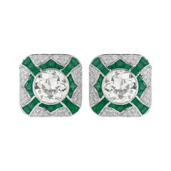 3.67 Carat Old European Cut Diamond with Emerald Stud Earrings in Art-Deco Style