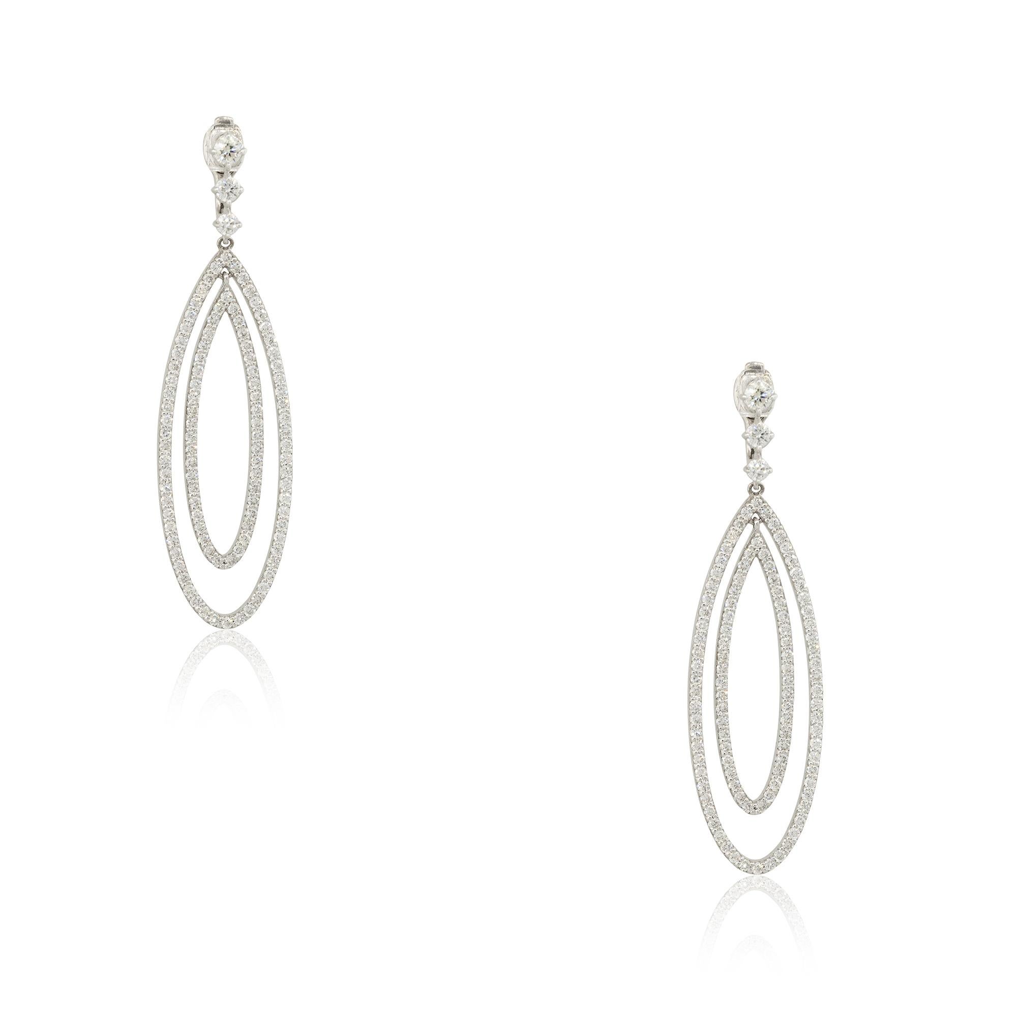 14k White Gold 3.67ctw Oval Diamond Drop Double Row Earrings
Material: 14k White Gold
Diamond Details: Diamonds are approximately 3.67ctw of Round Brilliant Diamonds
Earring Backs: Latch Backs
Item Weight: 12.7g (8.2dwt)
Item Dimensions: 16.65mm x