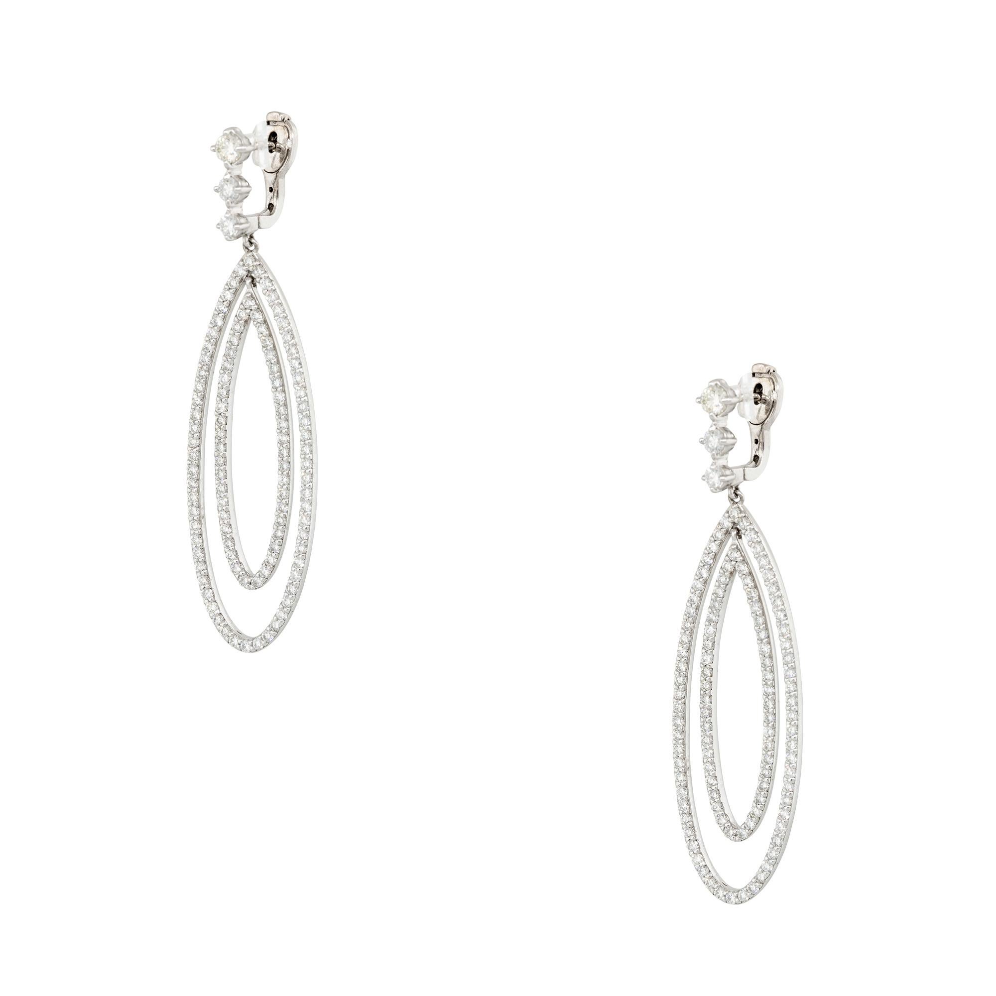 Modern 3.67 Carat Oval Diamond Drop Double Row Earrings 14 Karat in Stock For Sale