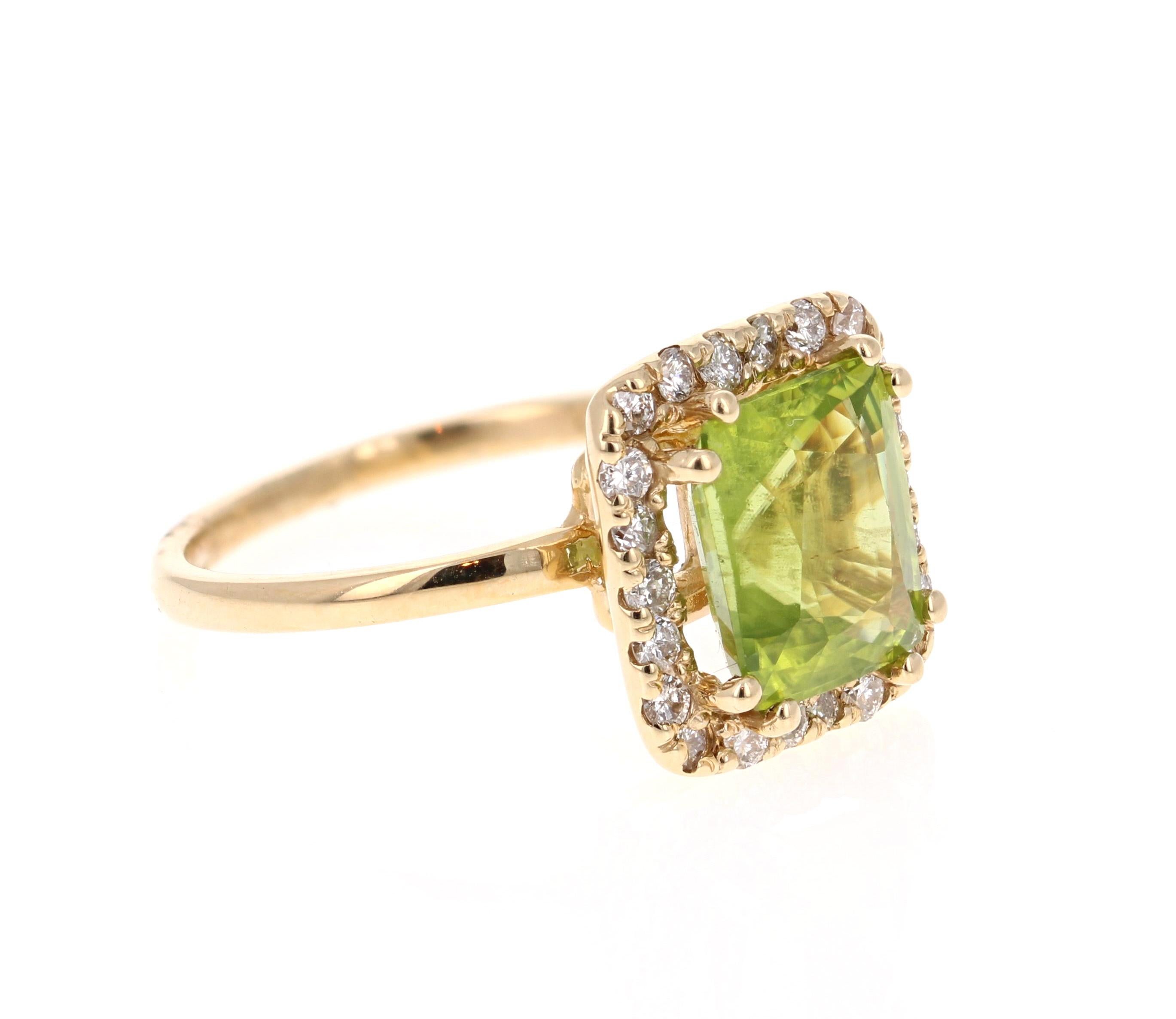 This Peridot and Diamond Ring has a 3.27 Carat Emerald Cut Peridot and has a halo of 22 Round Cut Diamonds weighing 0.40 Carats. The total carat weight of the ring is 3.67 Carats. 

It is set in 14 Karat Yellow Gold and weighs approximate 3.8 grams.