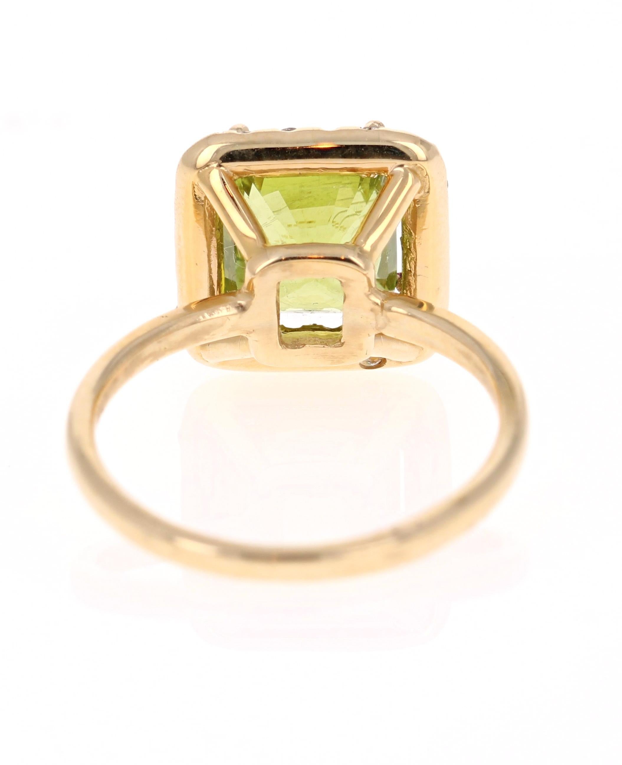Emerald Cut 3.67 Carat Peridot Diamond 14 Karat Yellow Gold Ring
