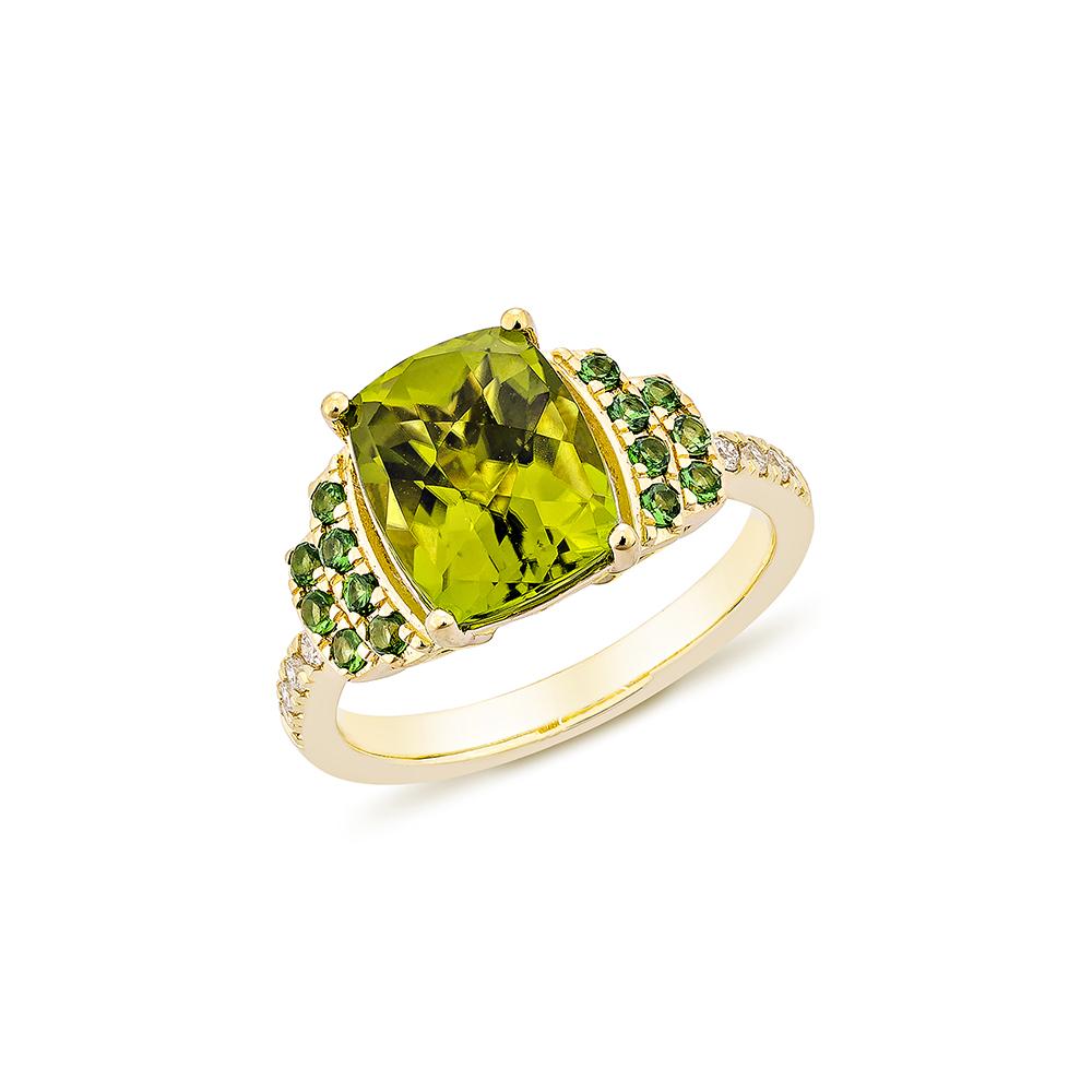Contemporary 3.67 Carat Peridot with Tsavorite and White Diamond Ring in 18 Karat Yellow Gold For Sale