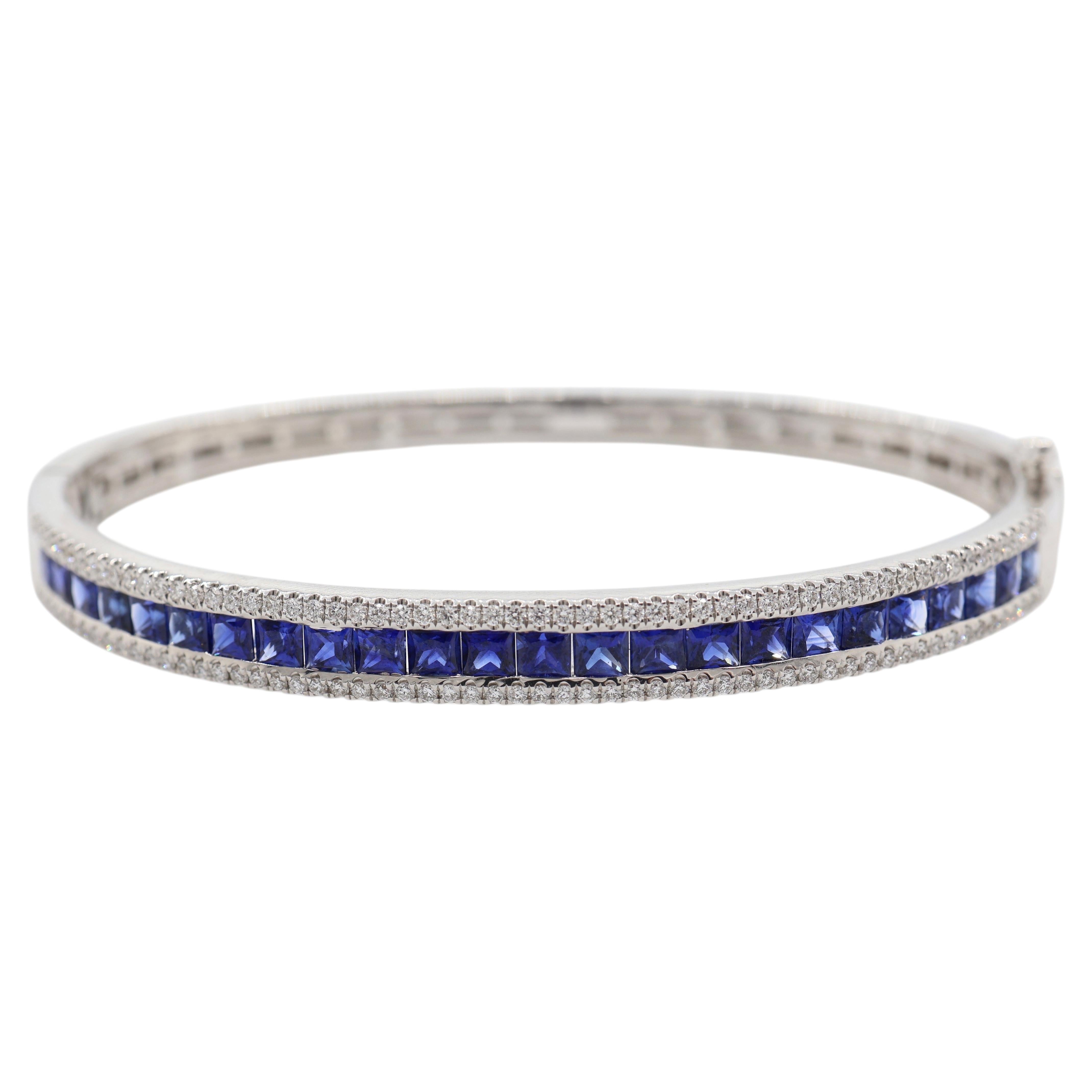 3.67 Carat Sapphire and Diamond Channel Set Bangle Bracelet in 18K White Gold