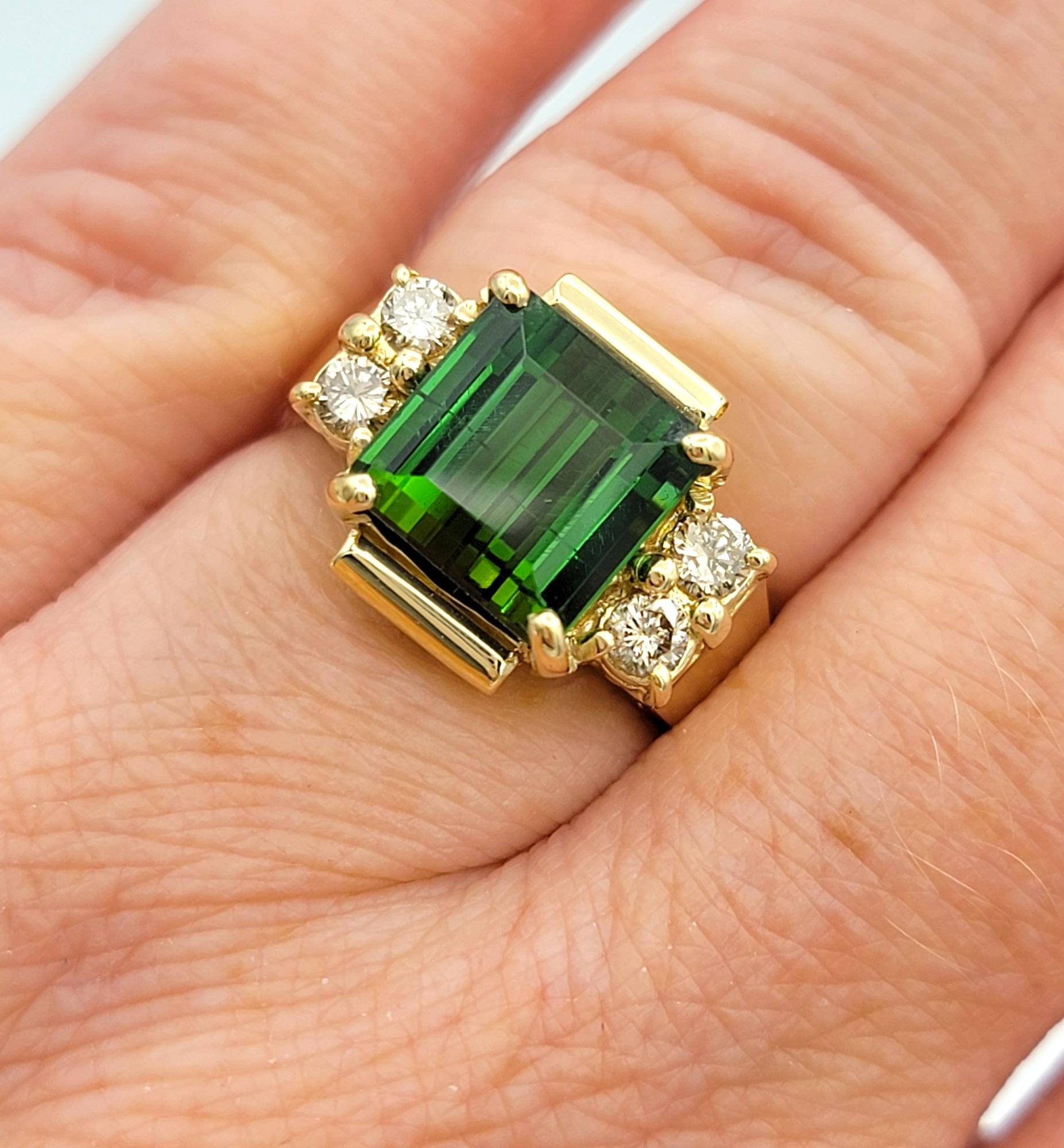 3.67 Carat Square Cut Tourmaline Ring with Diamonds in 14 Karat Yellow Gold For Sale 5