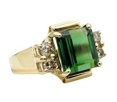 3.67 Carat Square Cut Tourmaline Ring with Diamonds in 14 Karat Yellow Gold