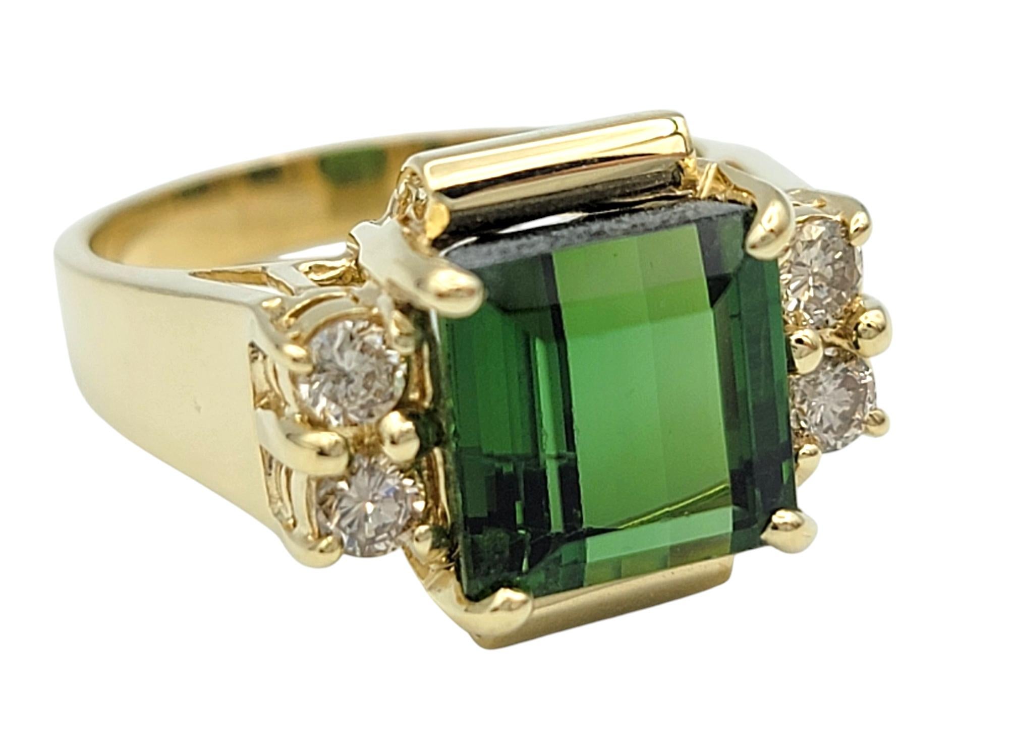 Contemporary 3.67 Carat Square Cut Tourmaline Ring with Diamonds in 14 Karat Yellow Gold For Sale