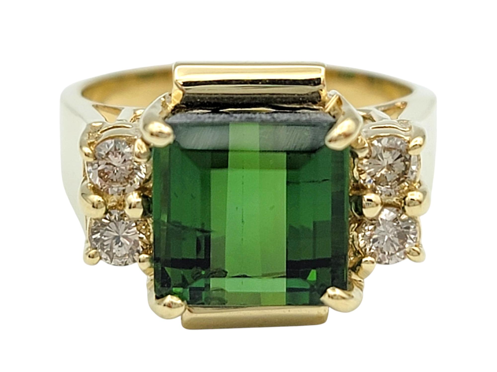 3.67 Carat Square Cut Tourmaline Ring with Diamonds in 14 Karat Yellow Gold In Good Condition For Sale In Scottsdale, AZ