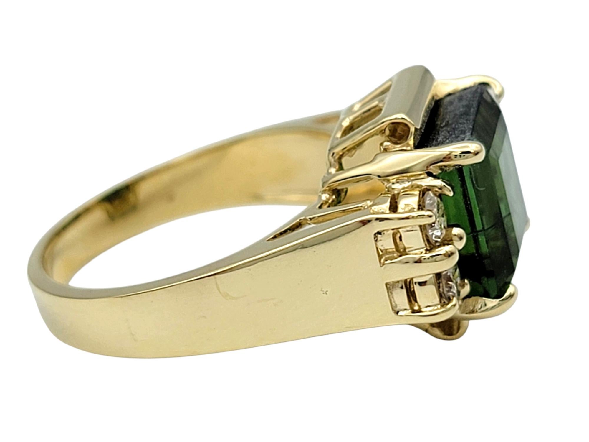 3.67 Carat Square Cut Tourmaline Ring with Diamonds in 14 Karat Yellow Gold For Sale 2