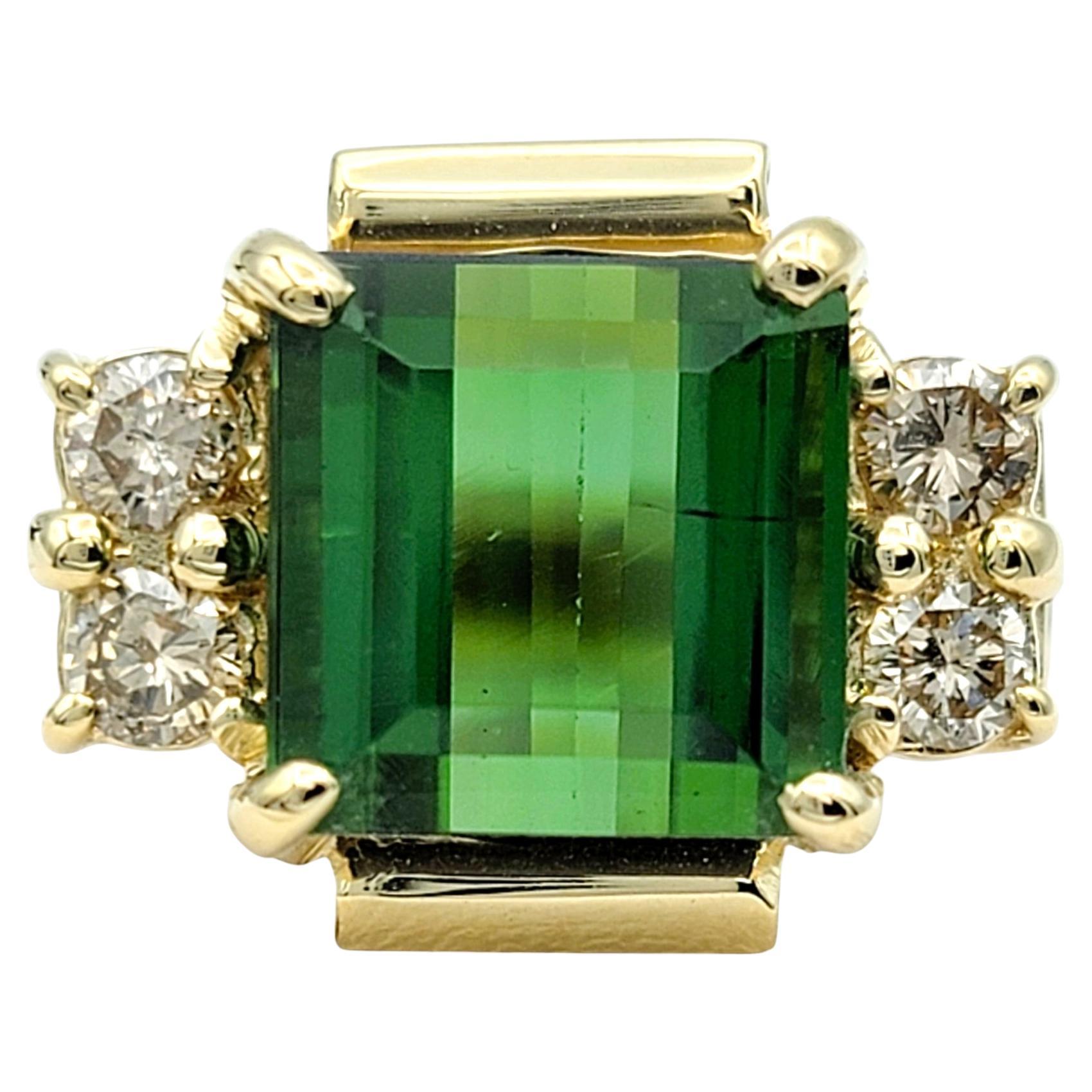 3.67 Carat Square Cut Tourmaline Ring with Diamonds in 14 Karat Yellow Gold For Sale