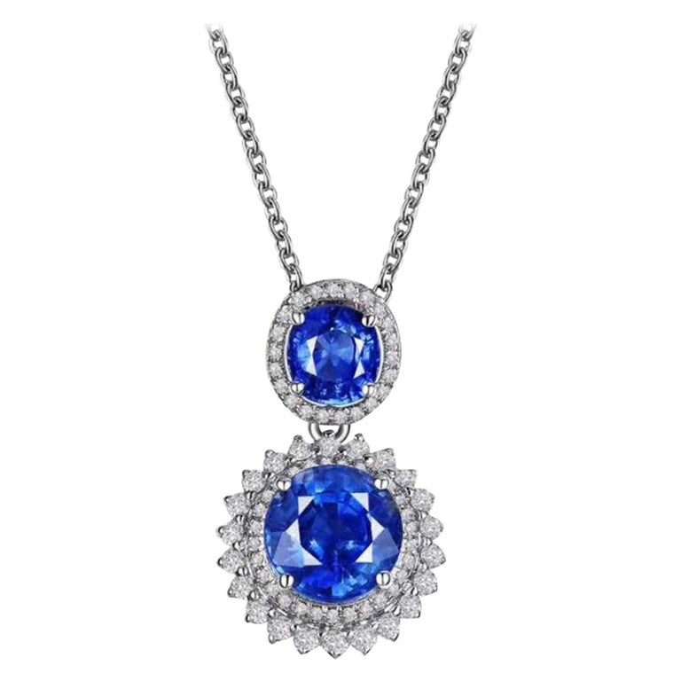3.67 Carat Sri Lanka Blue Sapphire Diamond Necklace 18k White Gold For Sale