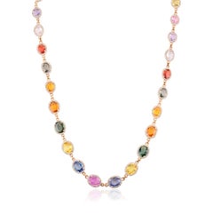 23.67Carats Oval Cut Multi Sapphire Halo Diamond Necklace in 18k Solid Rose Gold