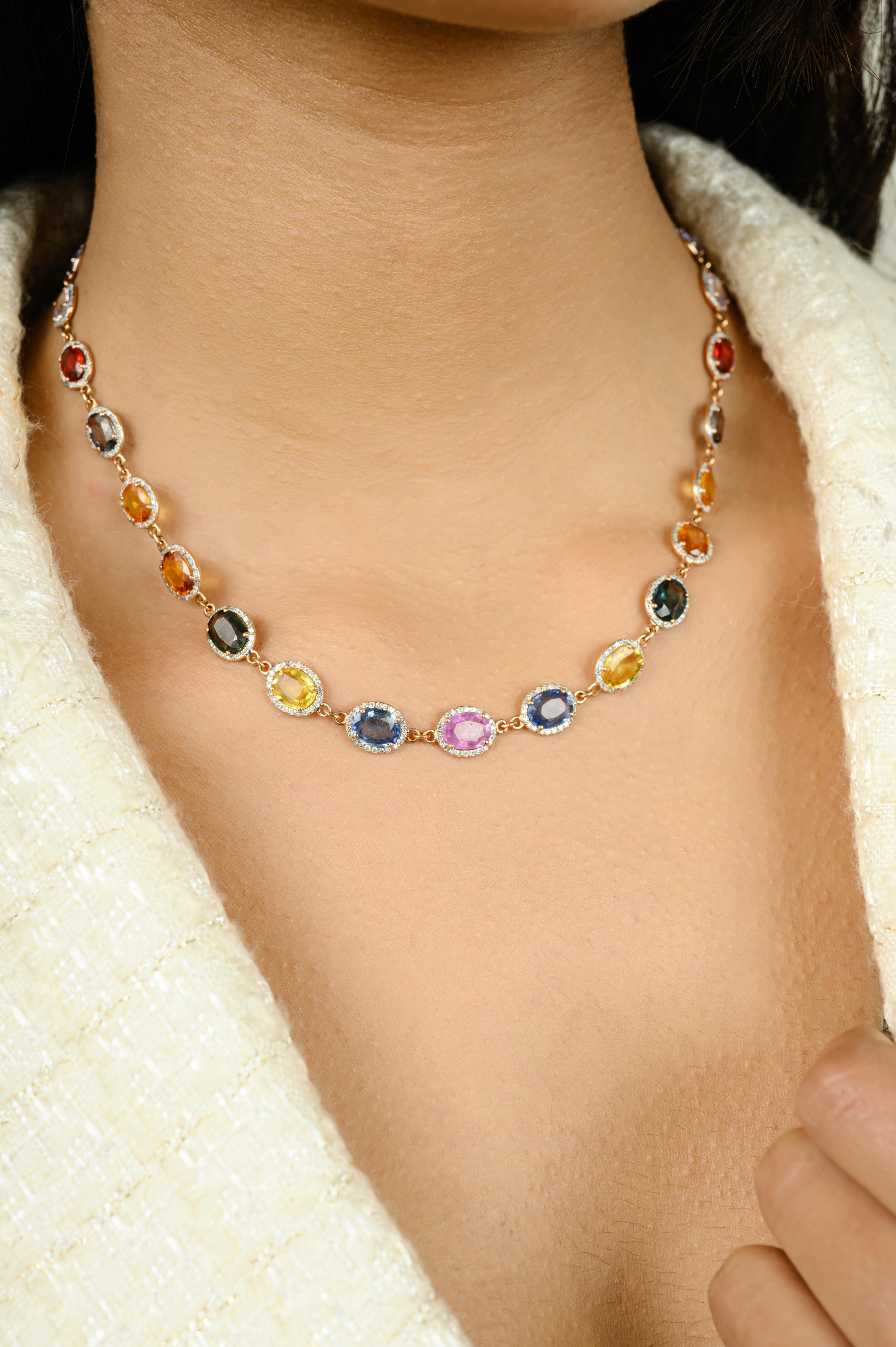 Modern 23.67Carats Oval Cut Multi Sapphire Halo Diamond Necklace in 18k Solid Rose Gold For Sale