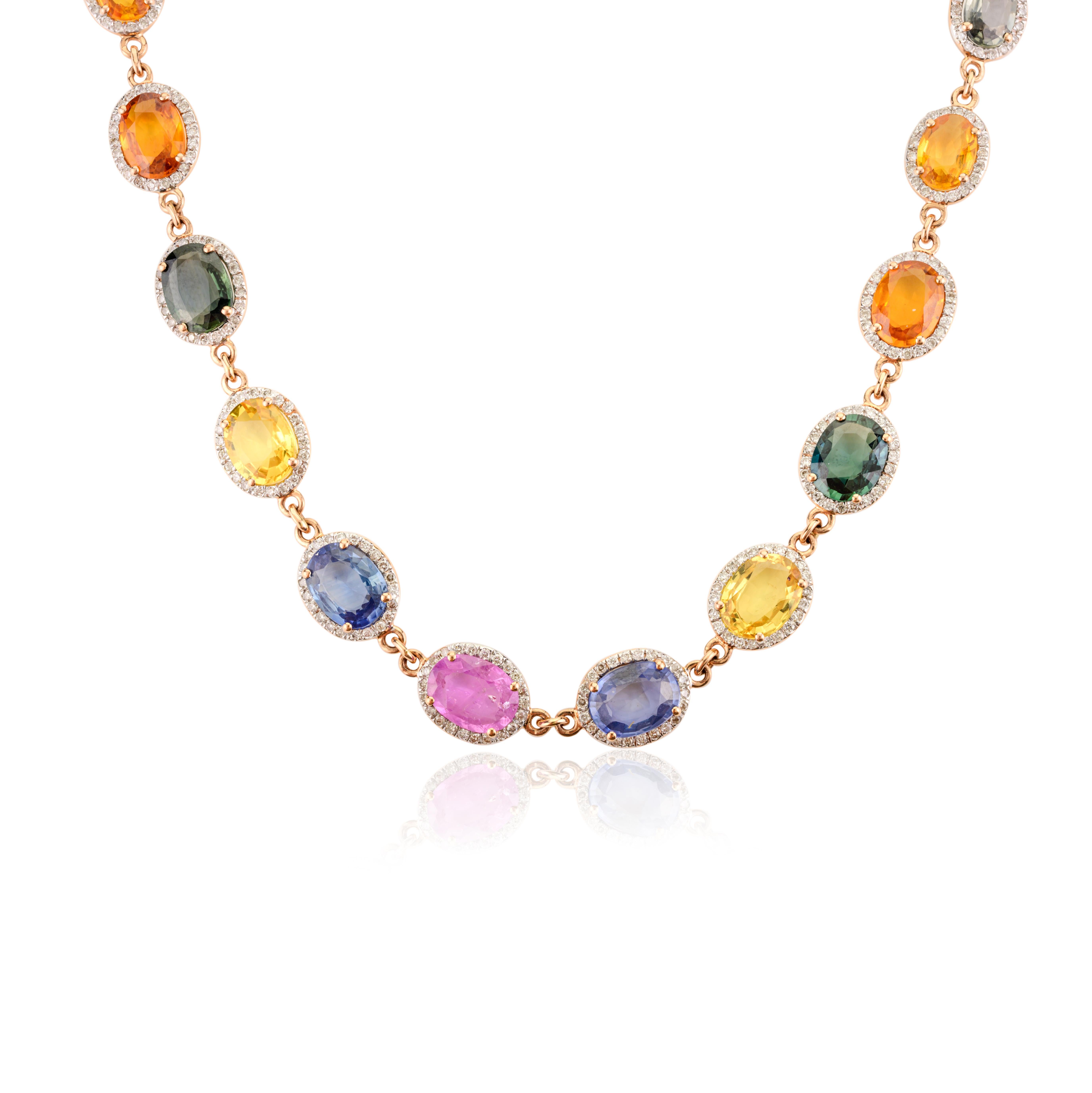 23.67Carats Oval Cut Multi Sapphire Halo Diamond Necklace in 18k Solid Rose Gold In New Condition For Sale In New York, NY
