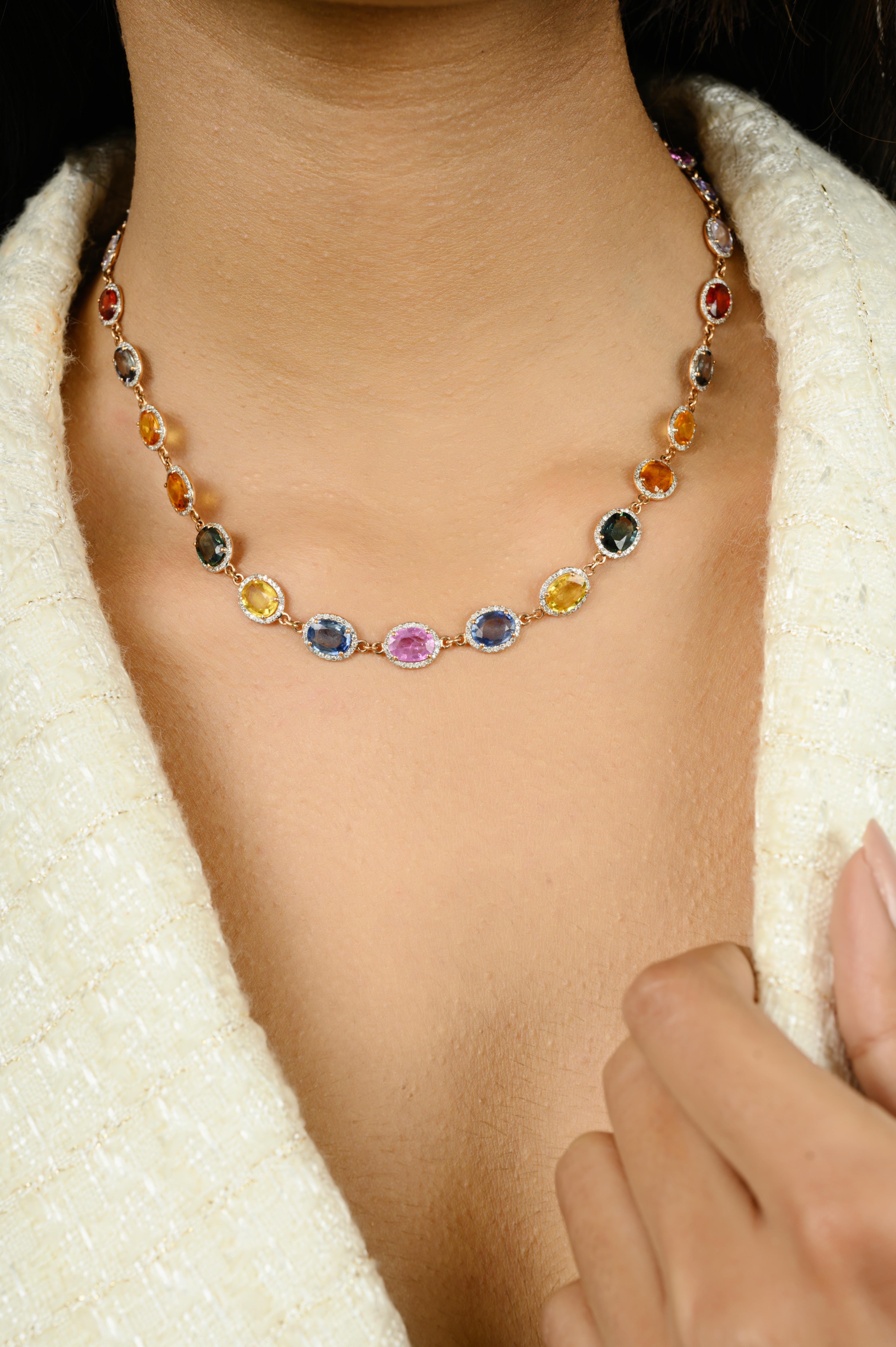 Women's 23.67Carats Oval Cut Multi Sapphire Halo Diamond Necklace in 18k Solid Rose Gold For Sale