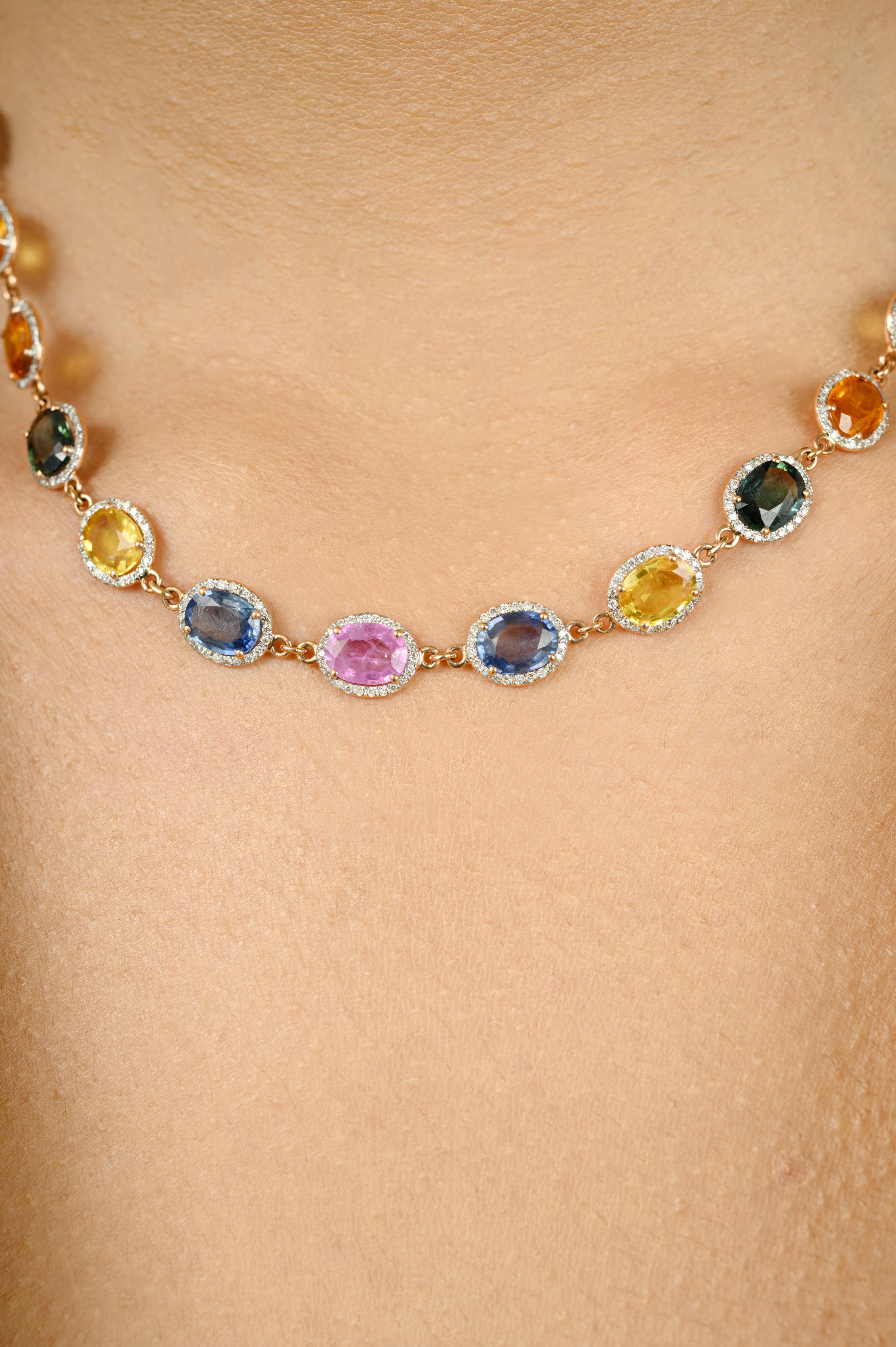 23.67Carats Oval Cut Multi Sapphire Halo Diamond Necklace in 18k Solid Rose Gold For Sale 1