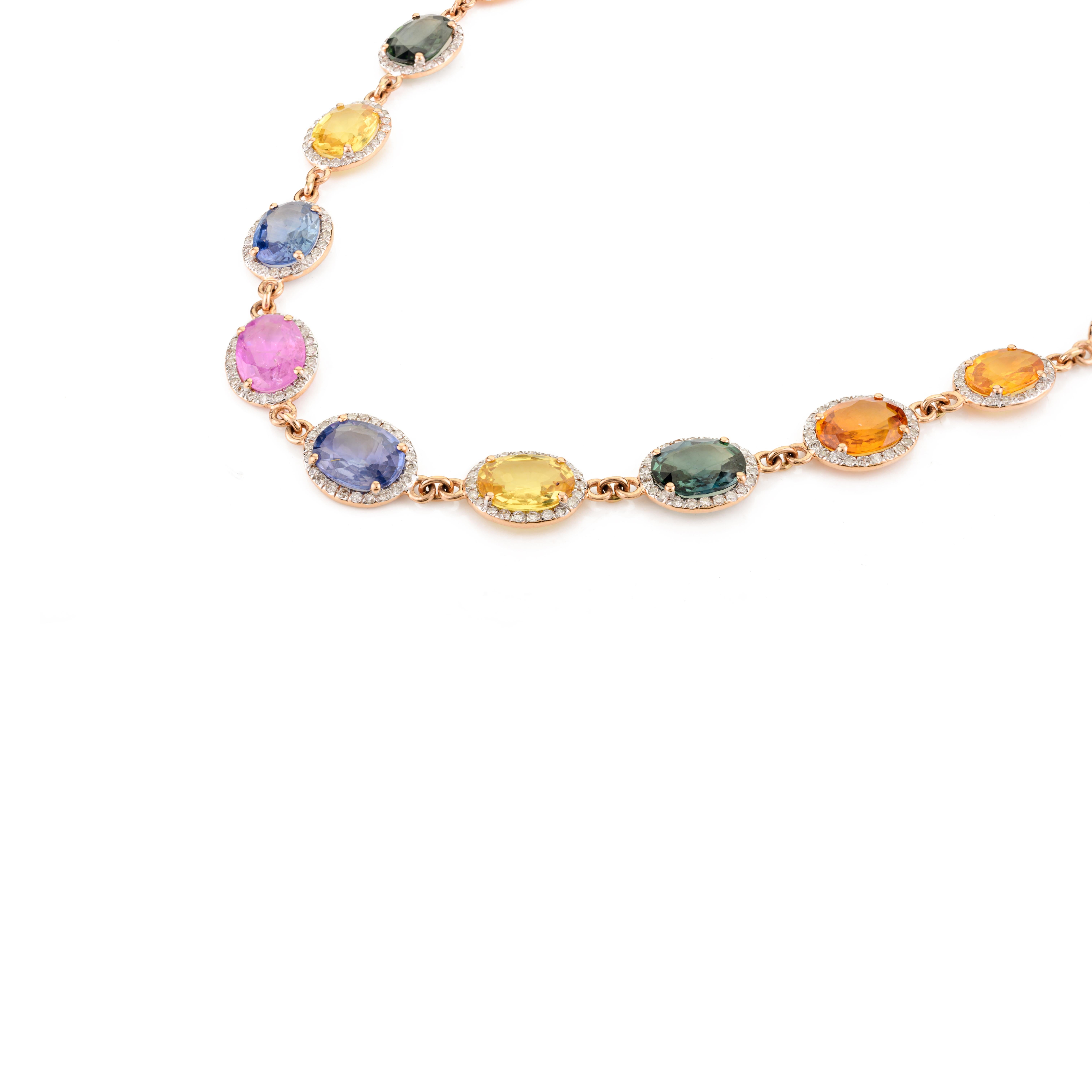 23.67Carats Oval Cut Multi Sapphire Halo Diamond Necklace in 18k Solid Rose Gold For Sale 2