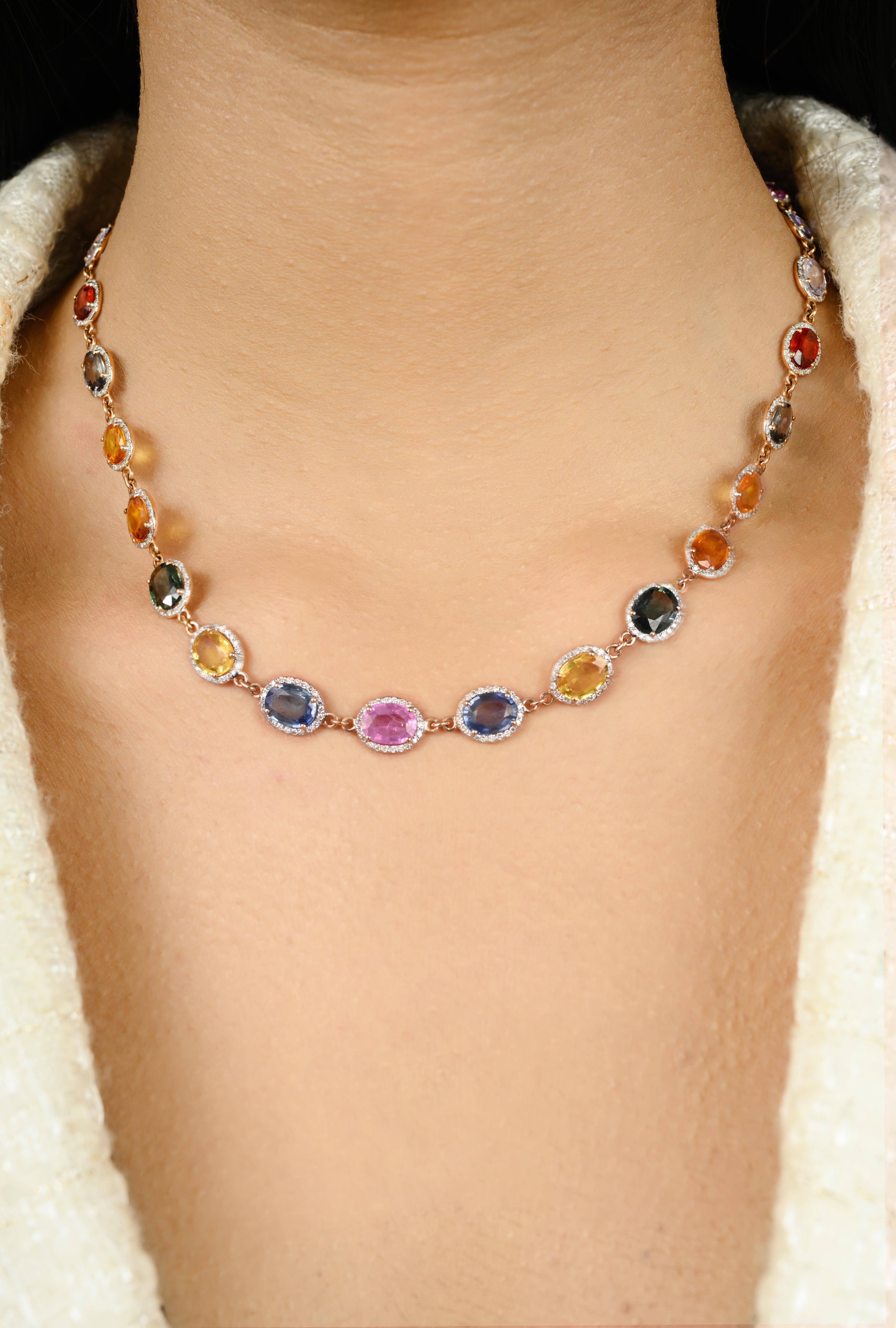 23.67Carats Oval Cut Multi Sapphire Halo Diamond Necklace in 18k Solid Rose Gold For Sale 3
