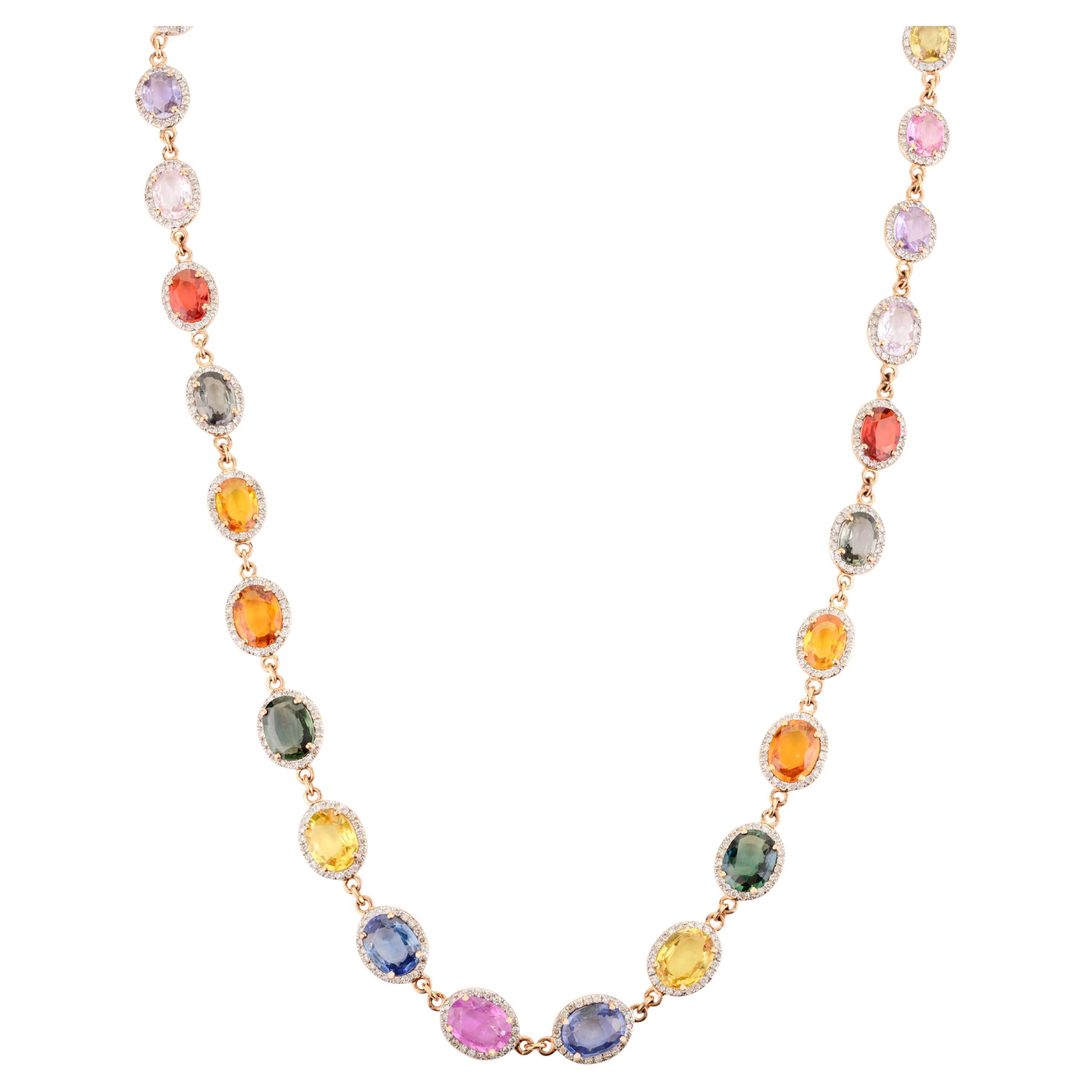 23.67Carats Oval Cut Multi Sapphire Halo Diamond Necklace in 18k Solid Rose Gold For Sale