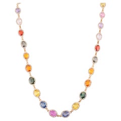 23.67Carats Oval Cut Multi Sapphire Halo Diamond Necklace in 18k Solid Rose Gold