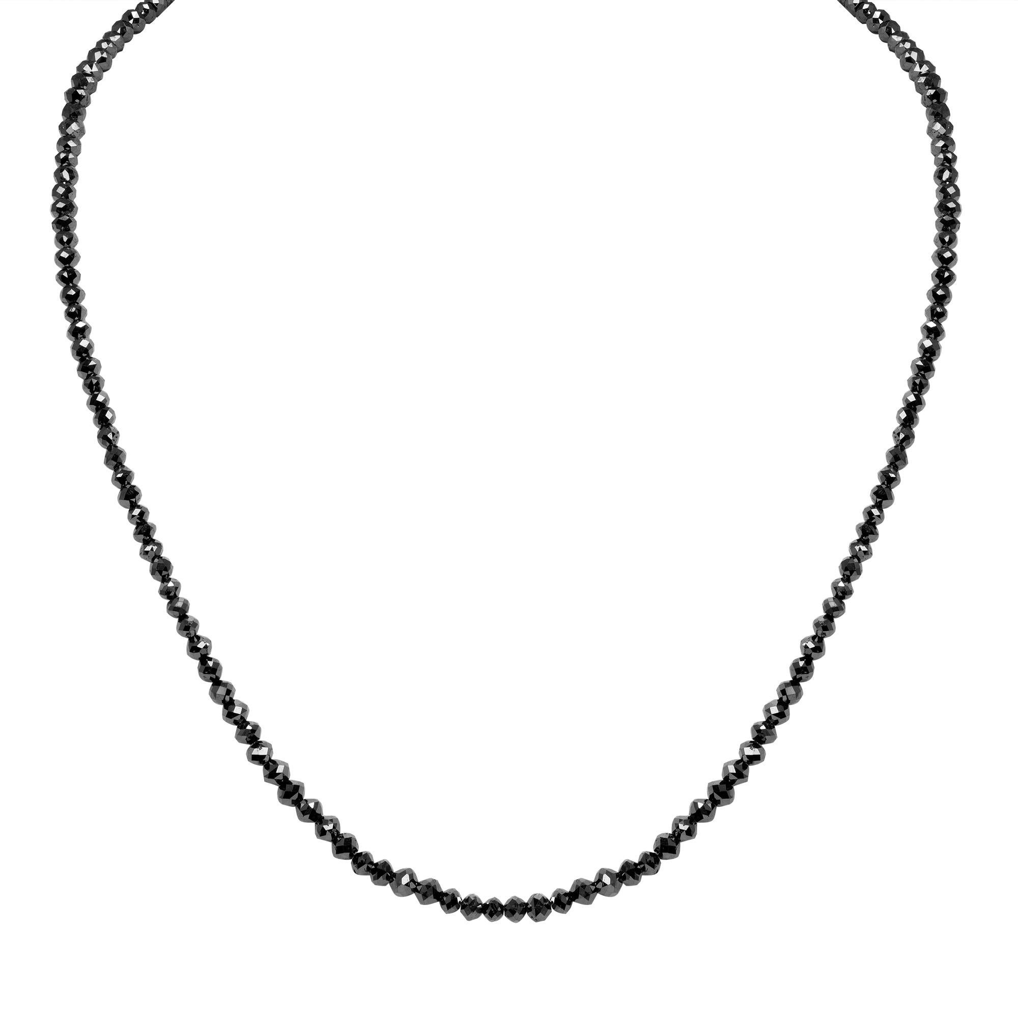 This stunning 36.72 Carat Black Diamond Briolette Bead Necklace is made out of natural black diamonds. 
Each black diamond is averaging 3.6 mm in diameter. 
The necklace is 16-3/4 inches long and comes in a beautiful black presentation box. 