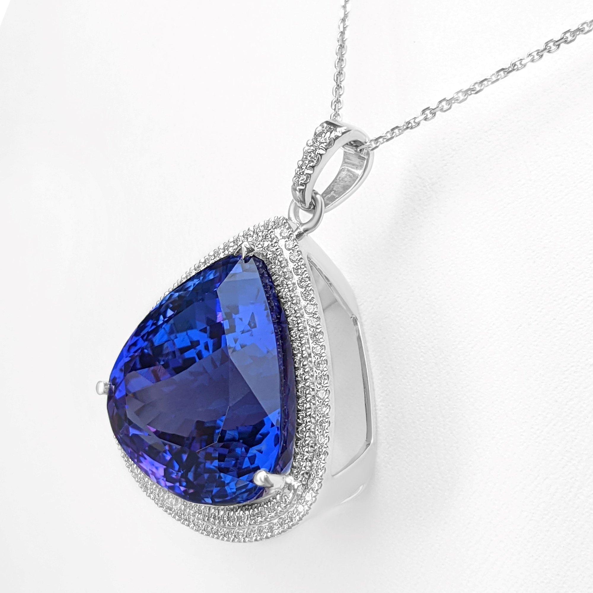 36.78ct Tanzanite & 0.70ct Diamonds, 18 Kt. White Gold, Necklace with Pendant In New Condition In Ramat Gan, IL