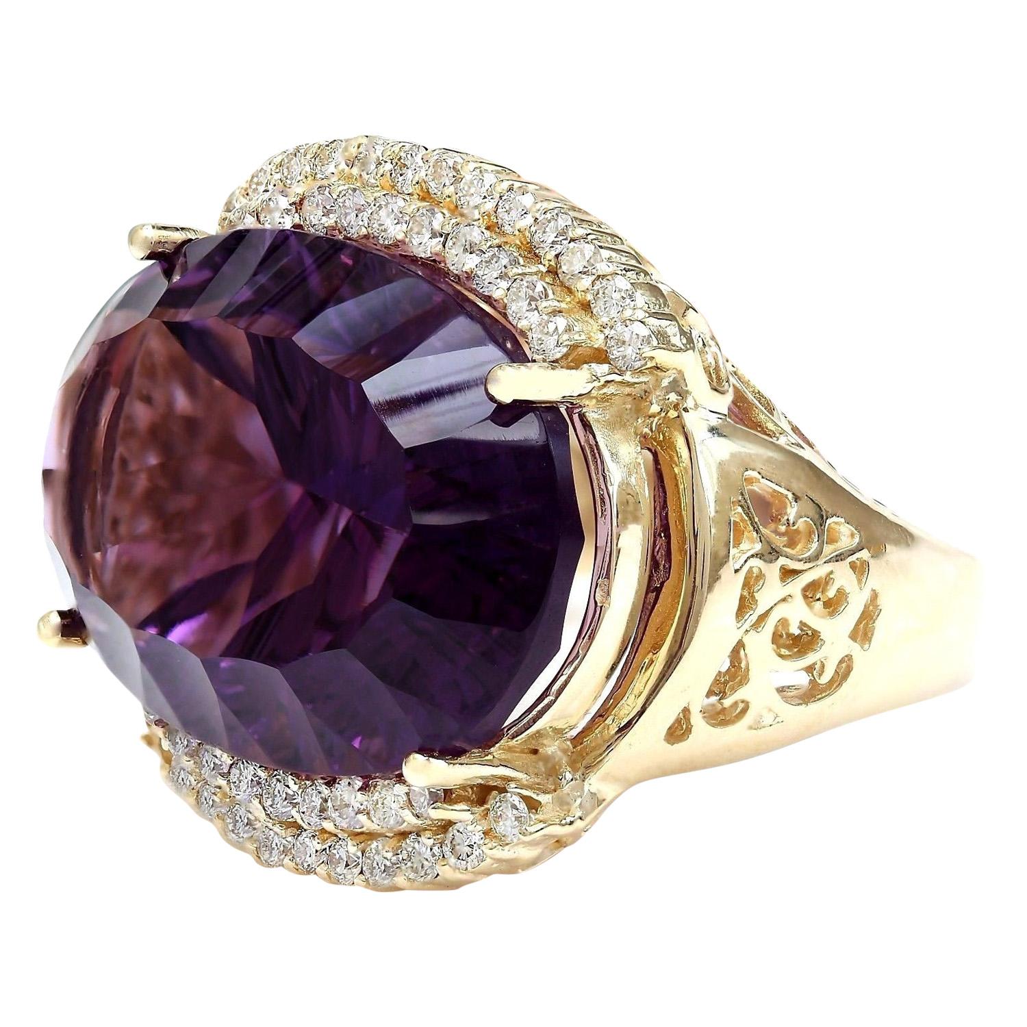 36.79 Carat Natural Amethyst 14K Solid Yellow Gold Diamond Ring
 Item Type: Ring
 Item Style: Cocktail
 Material: 14K Yellow Gold
 Mainstone: Amethyst
 Stone Color: Purple
 Stone Weight: 35.79 Carat
 Stone Shape: Oval
 Stone Quantity: 1
 Stone
