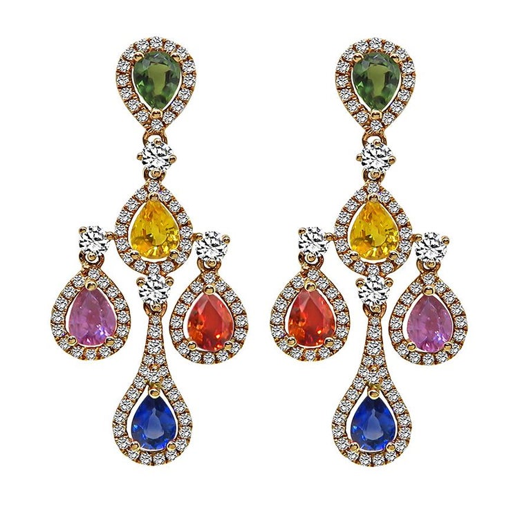3.67ct Multi Color Sapphire 1.42ct Diamond Earrings For Sale at 1stDibs