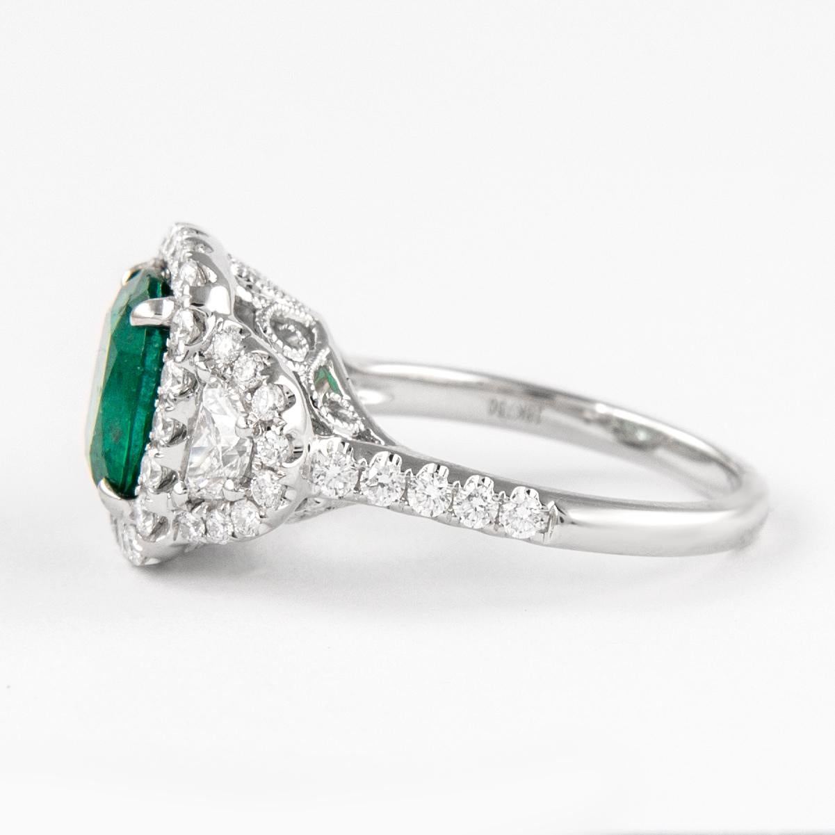 Cushion Cut 3.67ctt Emerald with Diamond Three Stone Halo Ring 18 Karat Gold For Sale