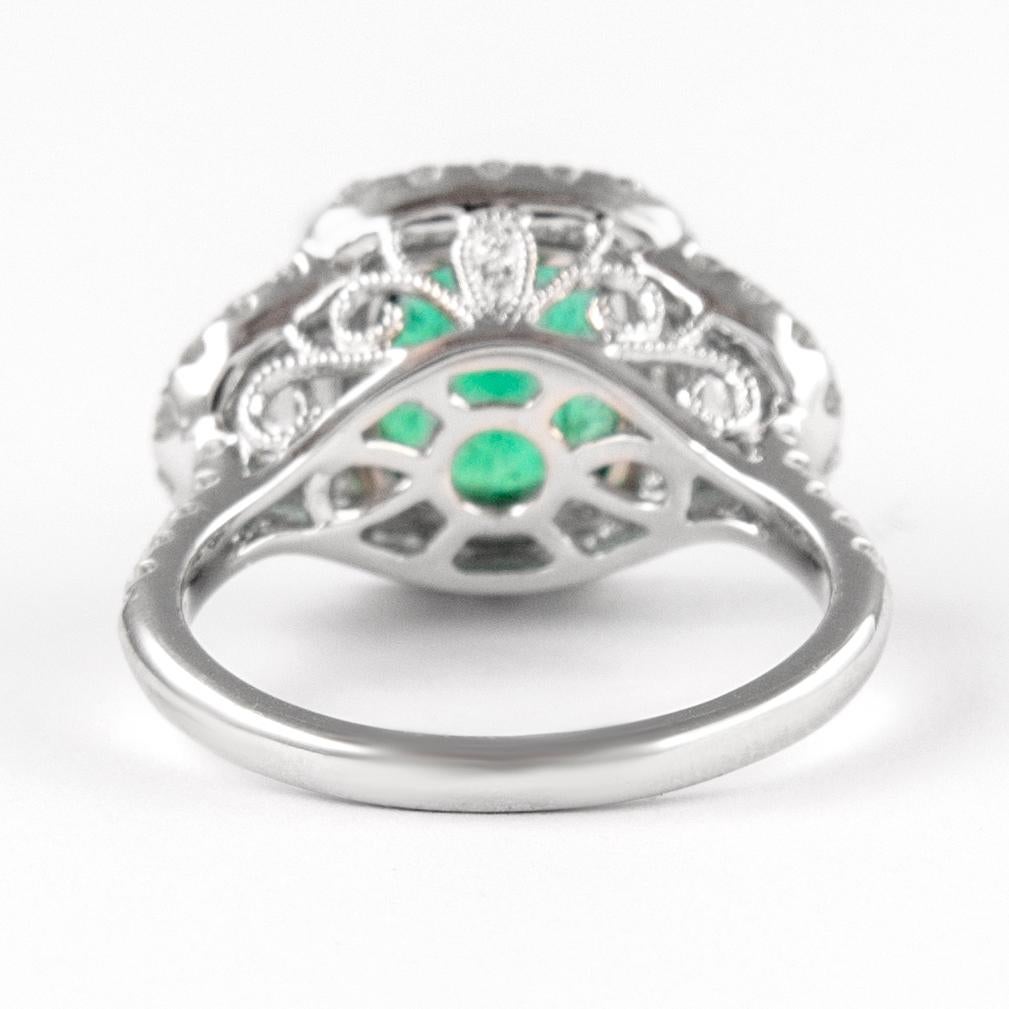 3.67ctt Emerald with Diamond Three Stone Halo Ring 18 Karat Gold In New Condition For Sale In BEVERLY HILLS, CA