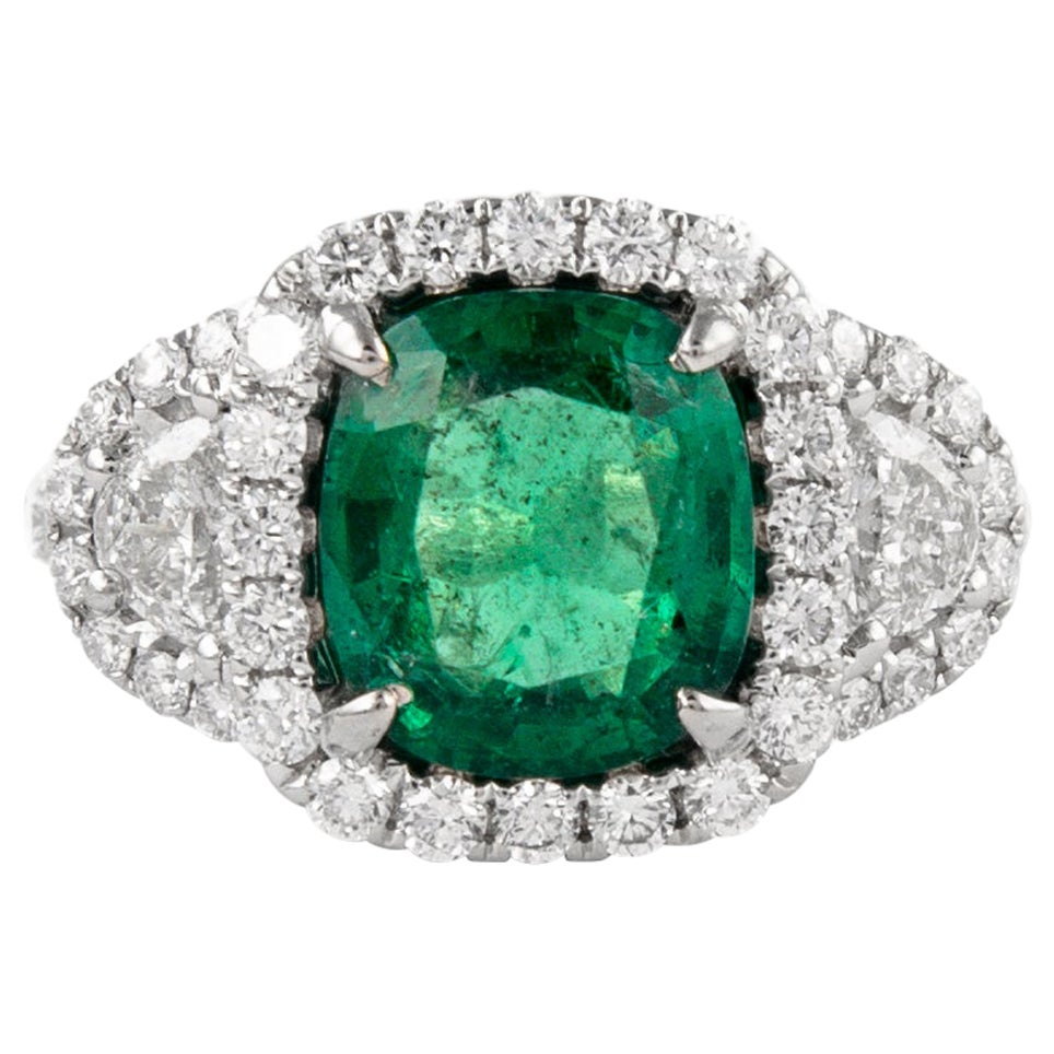3.67ctt Emerald with Diamond Three Stone Halo Ring 18 Karat Gold For Sale