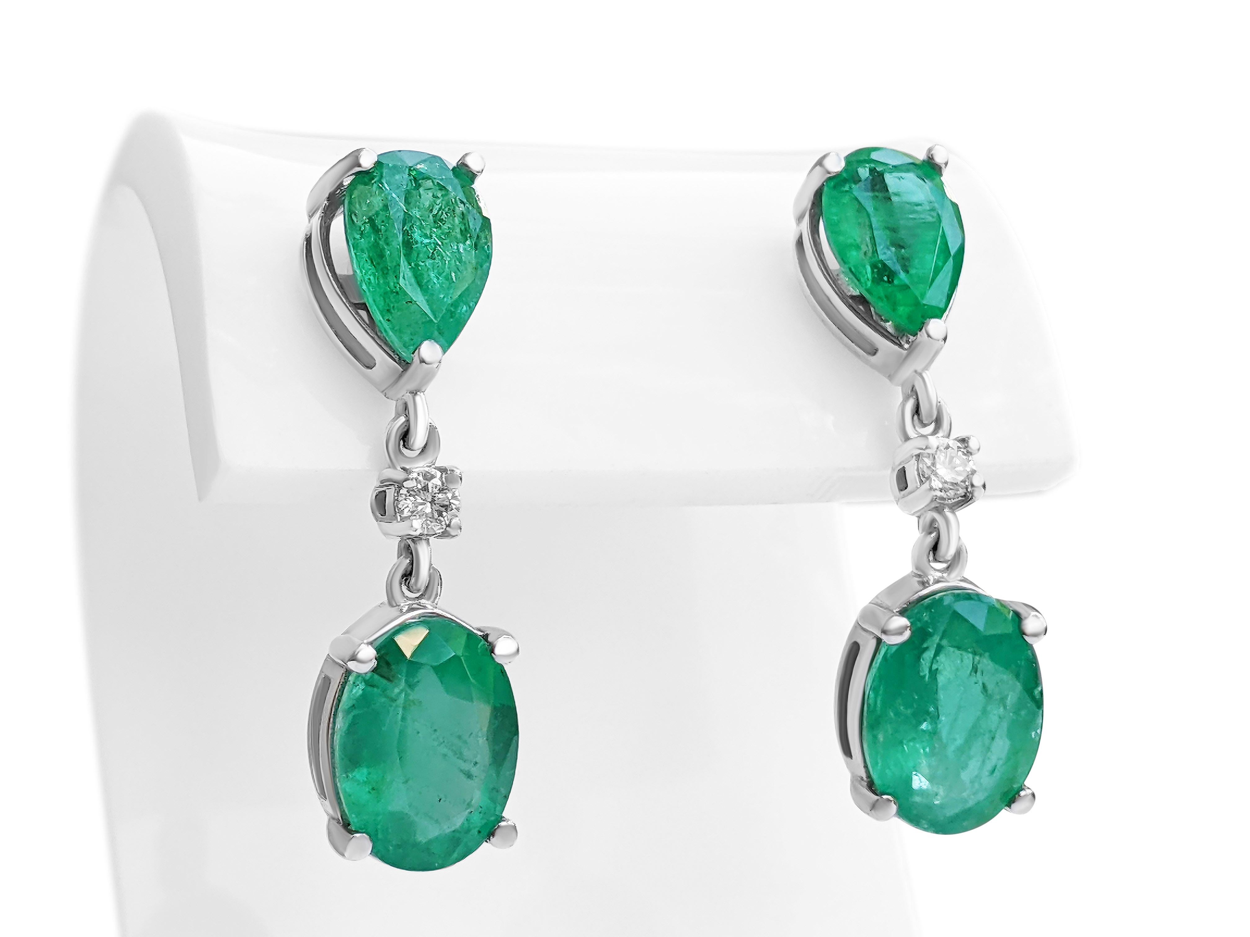 Mixed Cut $1 NO RESERVE!  3.68cttw Emeralds & 0.06 Carat Diamonds, 14K White Gold Earrings