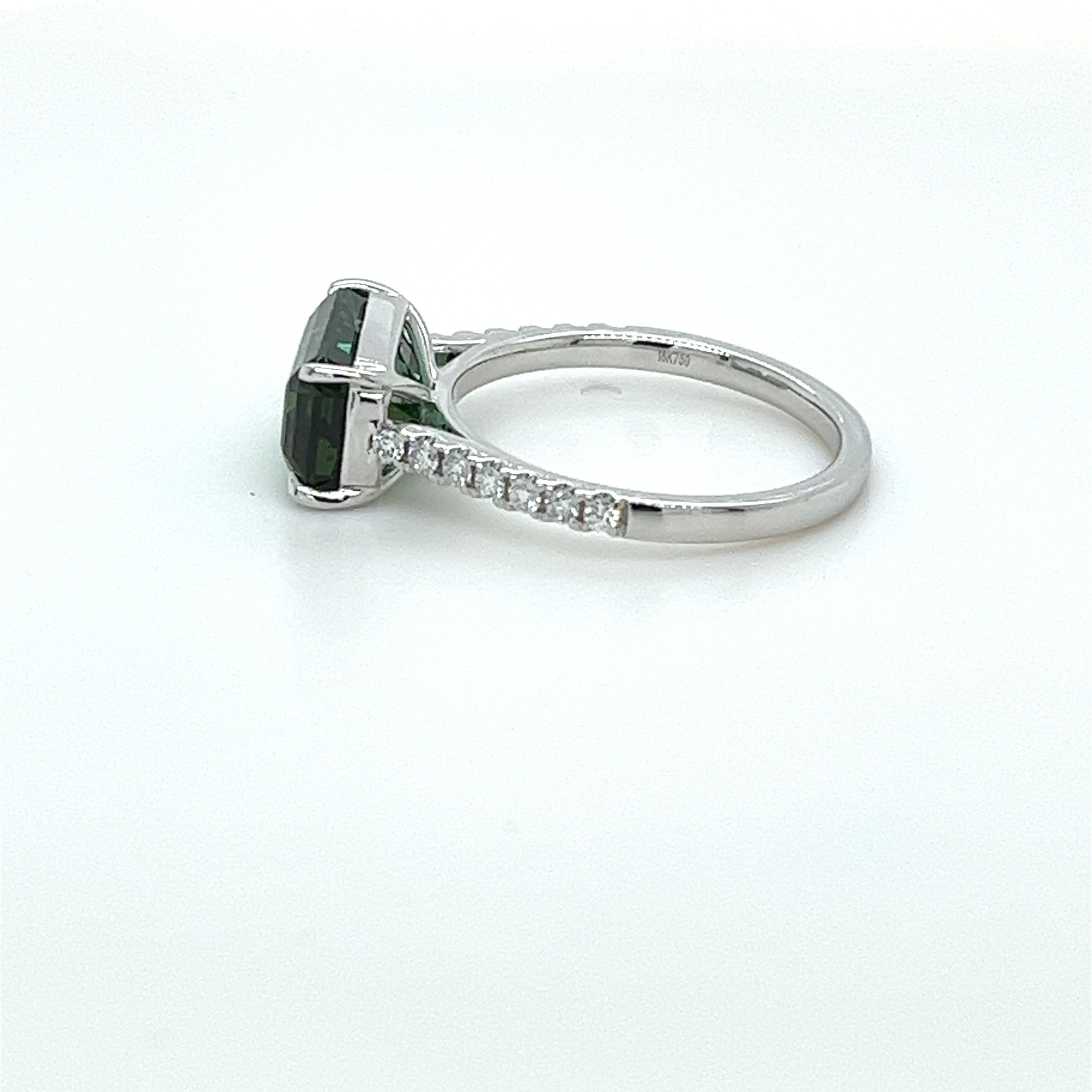 Modern 3.68 Carat Emerald Cut Green Tourmaline & Diamond Ring in 18 Karat White Gold For Sale