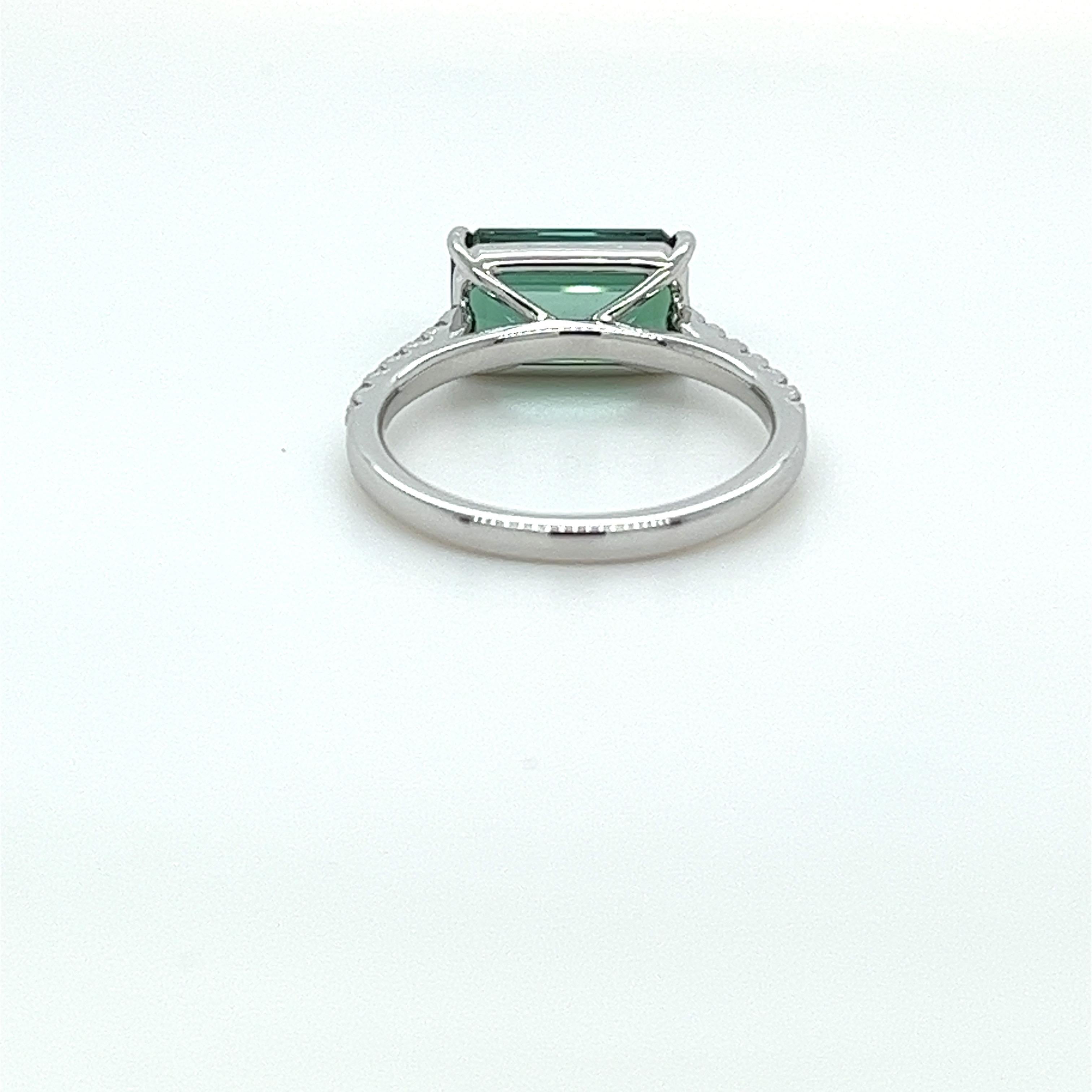 3.68 Carat Emerald Cut Green Tourmaline & Diamond Ring in 18 Karat White Gold In New Condition For Sale In Great Neck, NY