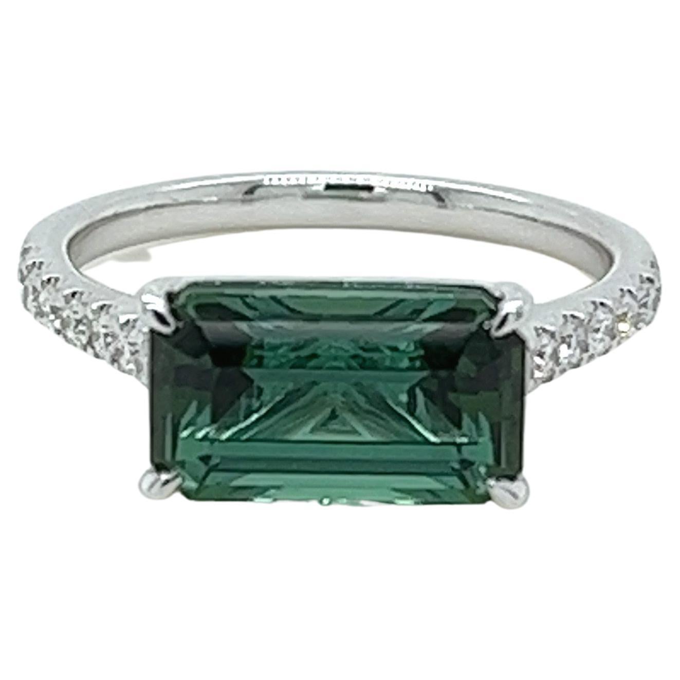 3.68 Carat Emerald Cut Green Tourmaline & Diamond Ring in 18 Karat White Gold For Sale