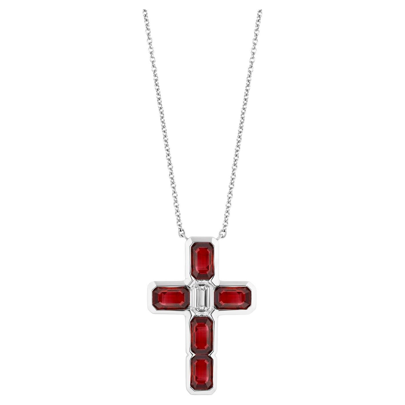 3.68 Carat Emerald Cut Ruby and Diamond Cross For Sale